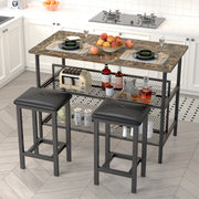 Dining Room Set for 2, Counter Height Dining Set with Storage, Faux Marble Dining Table Set with 2 Stools, Modern Kitchen Island Set with Seating for Dining Room, Brown