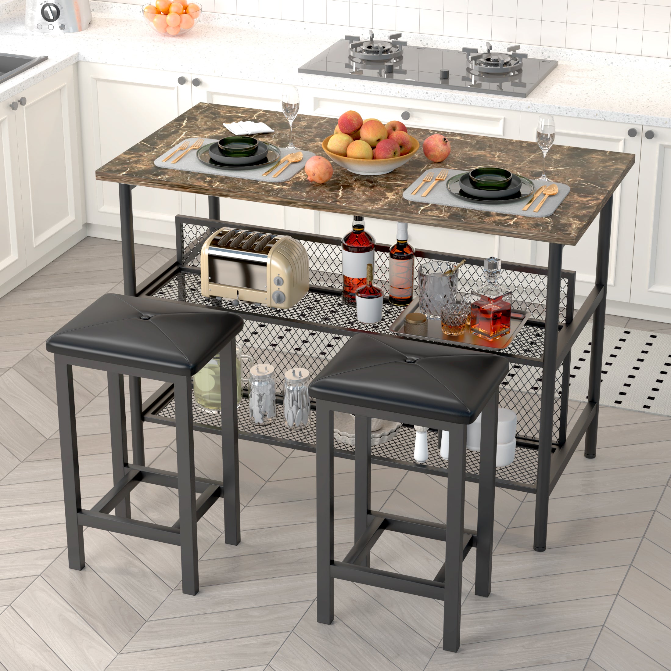 Dining Room Set for 2, Counter Height Dining Set with Storage, Faux Marble Dining Table Set with 2 Stools, Modern Kitchen Island Set with Seating for Dining Room, Brown