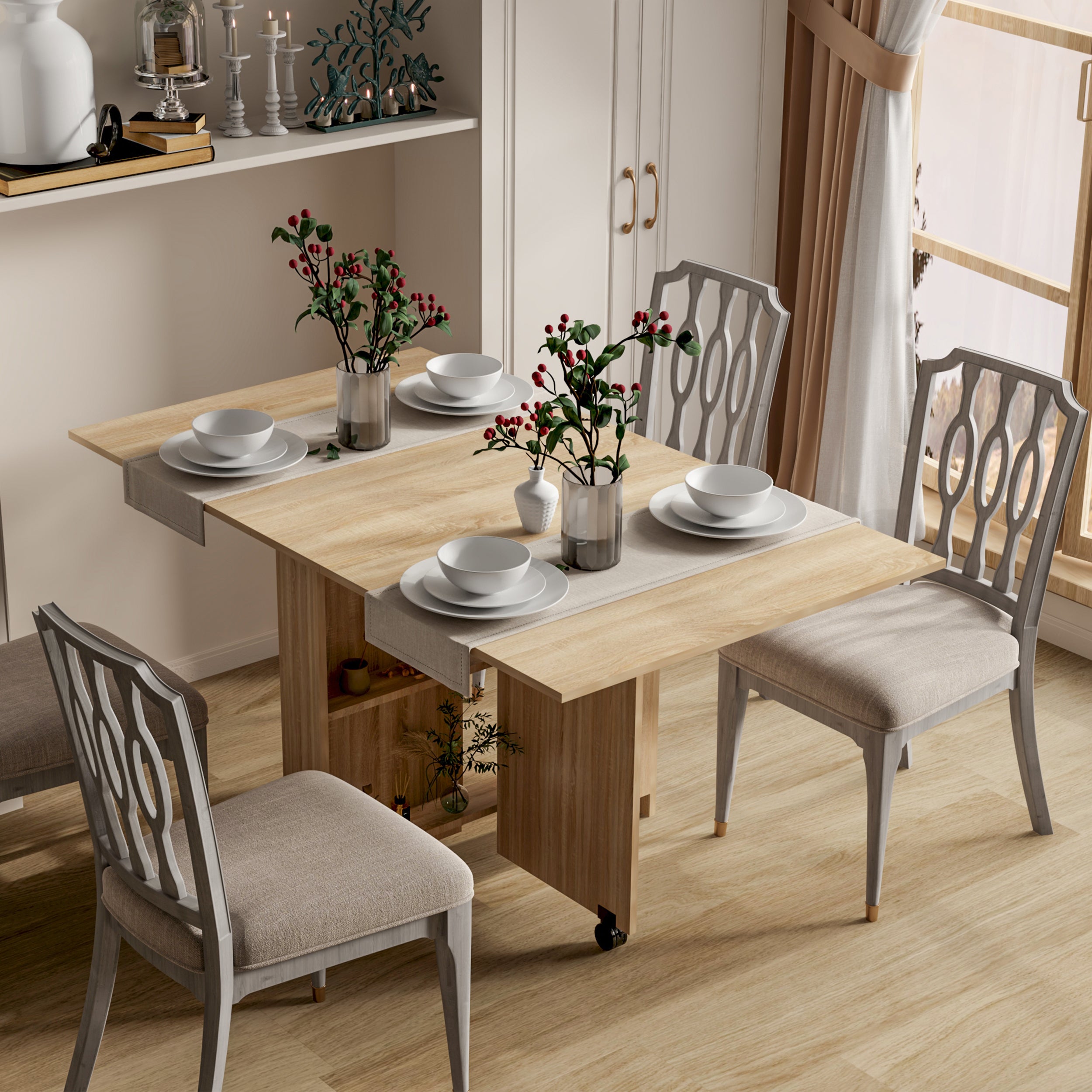PAPROOS Folding Dining Table, Drop Leaf Dining Table with 2-Layer Storage Shelf, Expandable Kitchen Table, Space Saving Dining Room Table for Small Spaces, Entry Table, Peer Wood Color