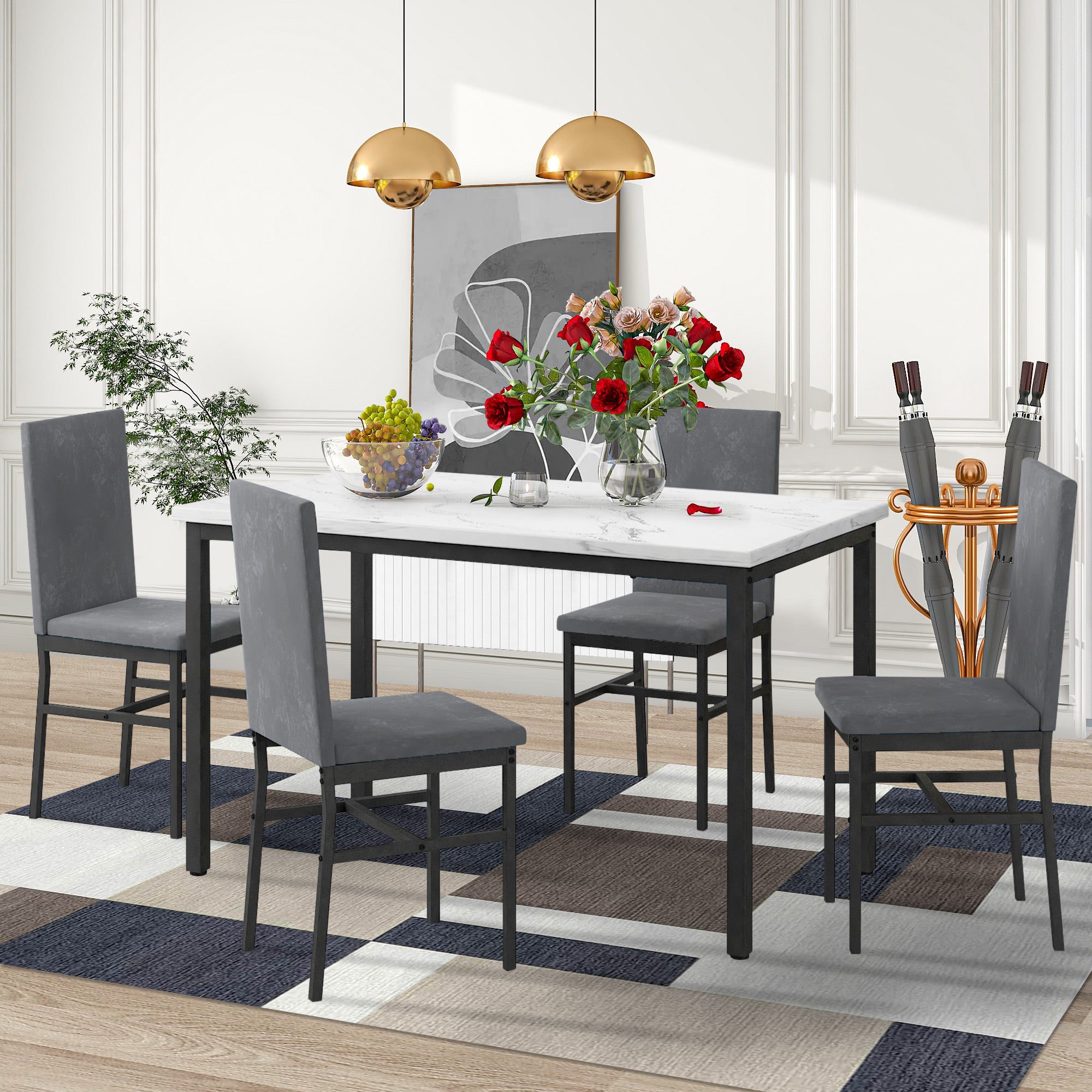 PAPROOS Dining Table Set for 4, Modern 5-Piece Kitchen Table Set with Marble Top and Faux Leather Upholstery Chairs