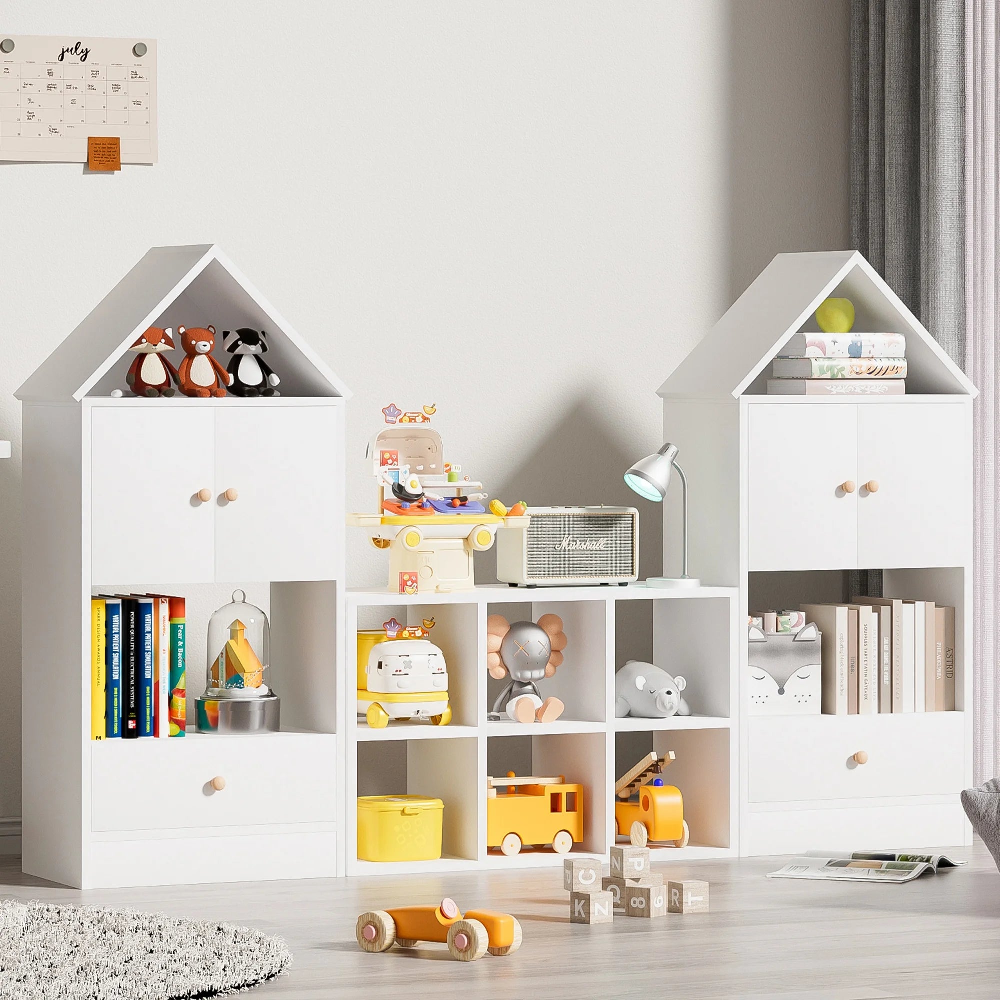 Bookshelf for Kids, Wooden Kids Bookcase with House-Shaped Design, Adjustable Placement, Durable Kids Organizer for Playroom or Bedroom, Single House Design-White