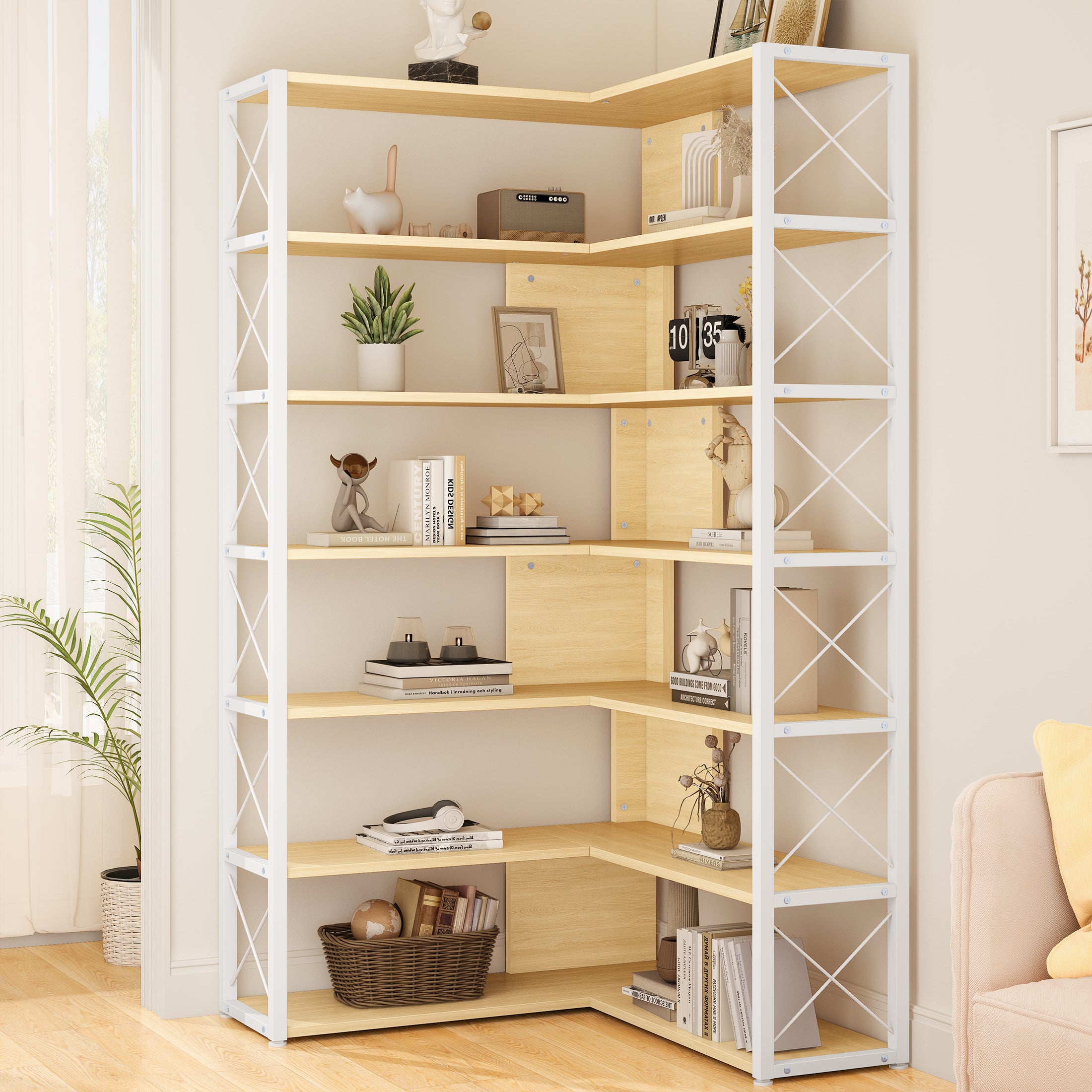 7-Tier Tall Corner Bookshelf, Wood 70.9" L-shaped Corner Bookcase with Metal Frame, Freestanding Open Display Storage Shelf for Living Room, Home Office, Modern Etagere Bookcase, Oak