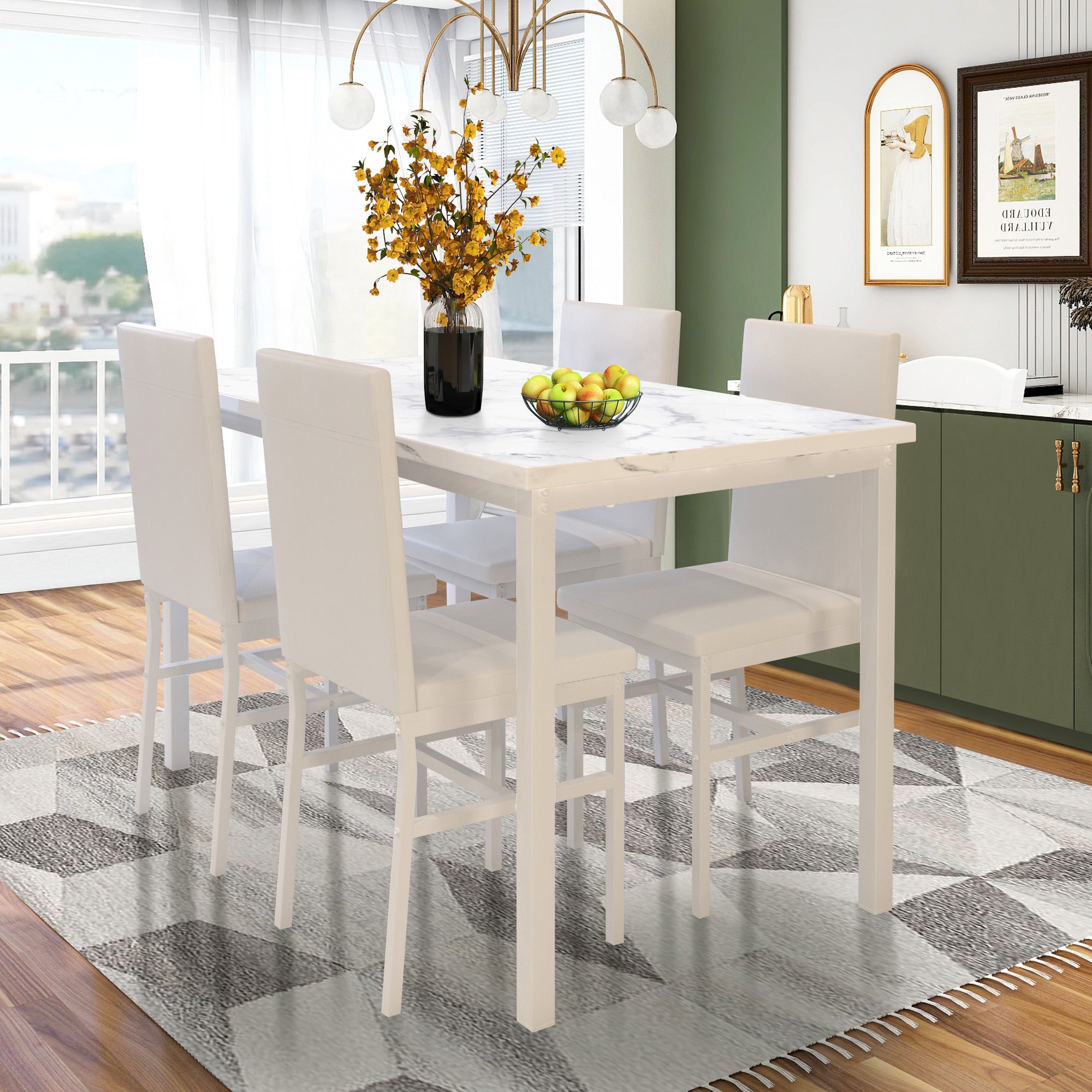 PAPROOS Dining Table Set for 4, Modern 5-Piece Kitchen Table Set with Marble Top and Faux Leather Upholstery Chairs