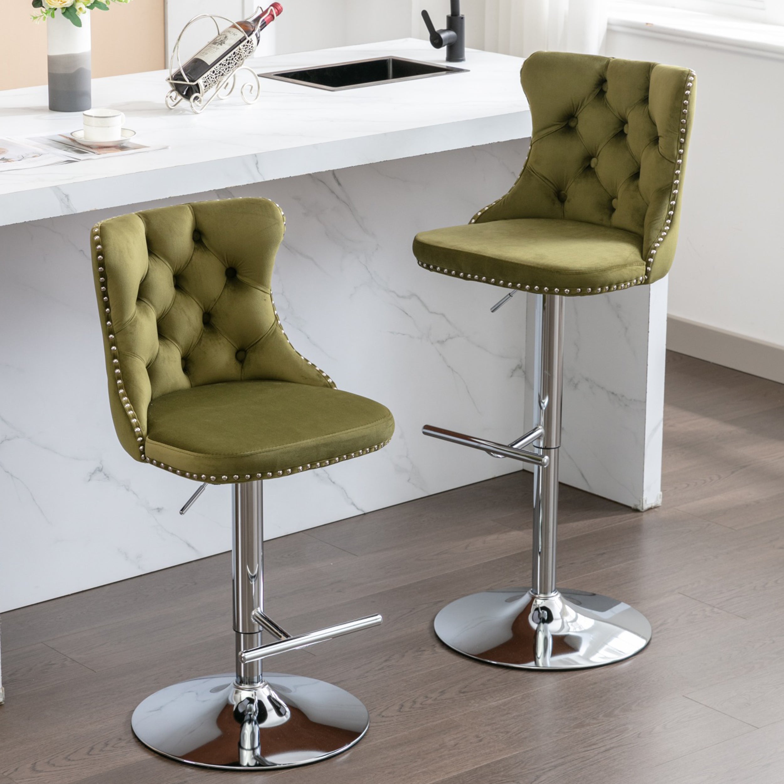 Swivel Bar Stools Set of 2, PAPROOS Adjustable Height Counter Height Bar Stools with Back, Velvet Dining Chair with Button Tufted & Nail Trim, Kitchen Chair for Kitchen Island Pub