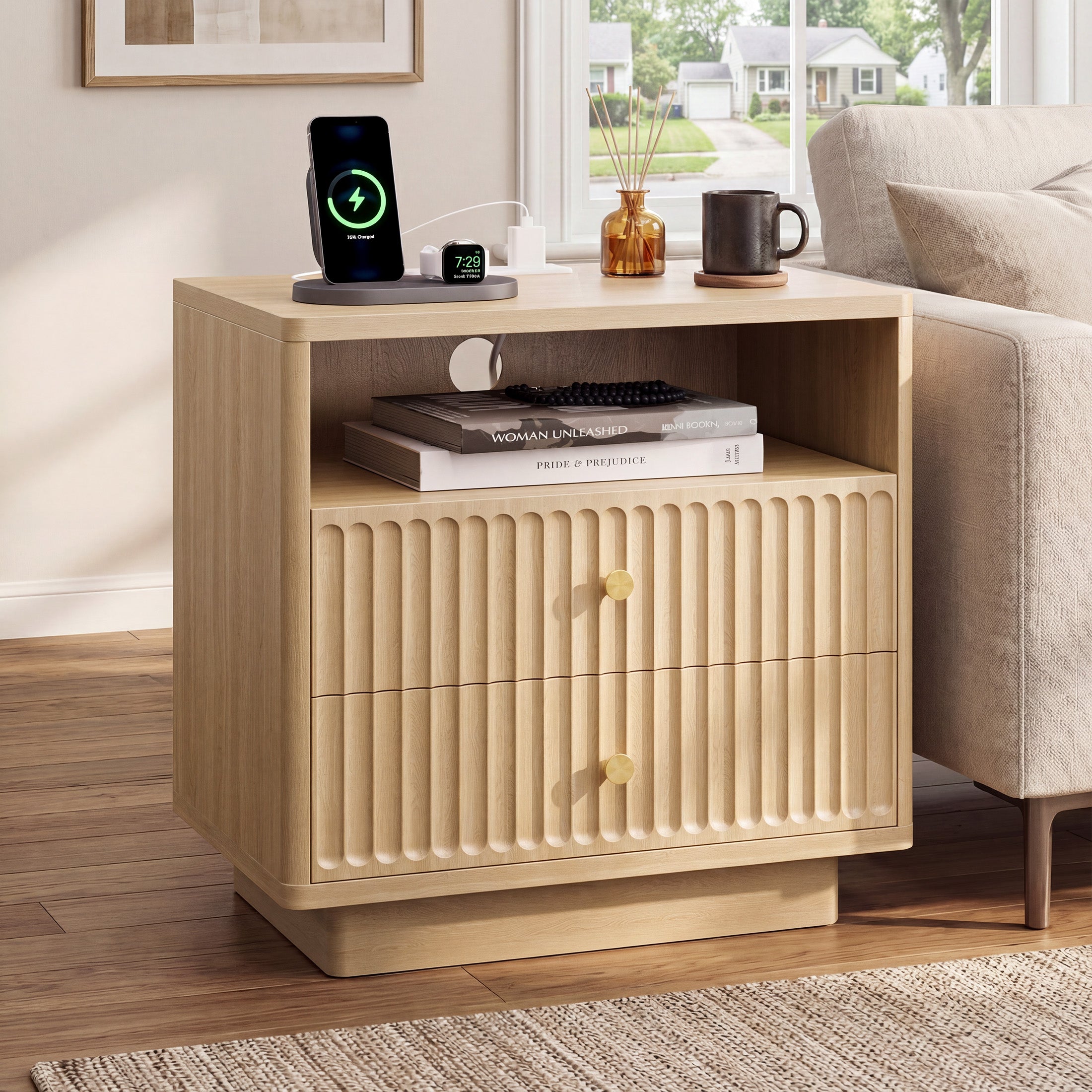 Fluted Nightstand with Charging Station