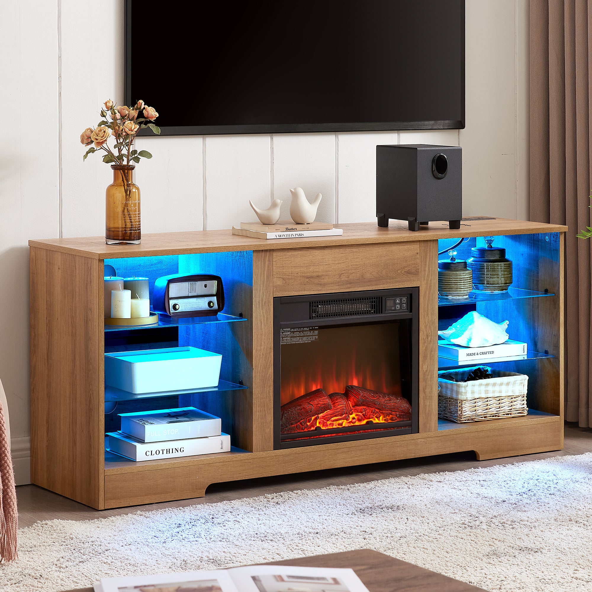 PAPROOS Fireplace TV Stand for 65 Inch TV, Farmhouse TV Stand with with 18 Inch Electric Fireplace, Entertainment Center with Charging Station, TV Console Table TV Cabinet for Living Room