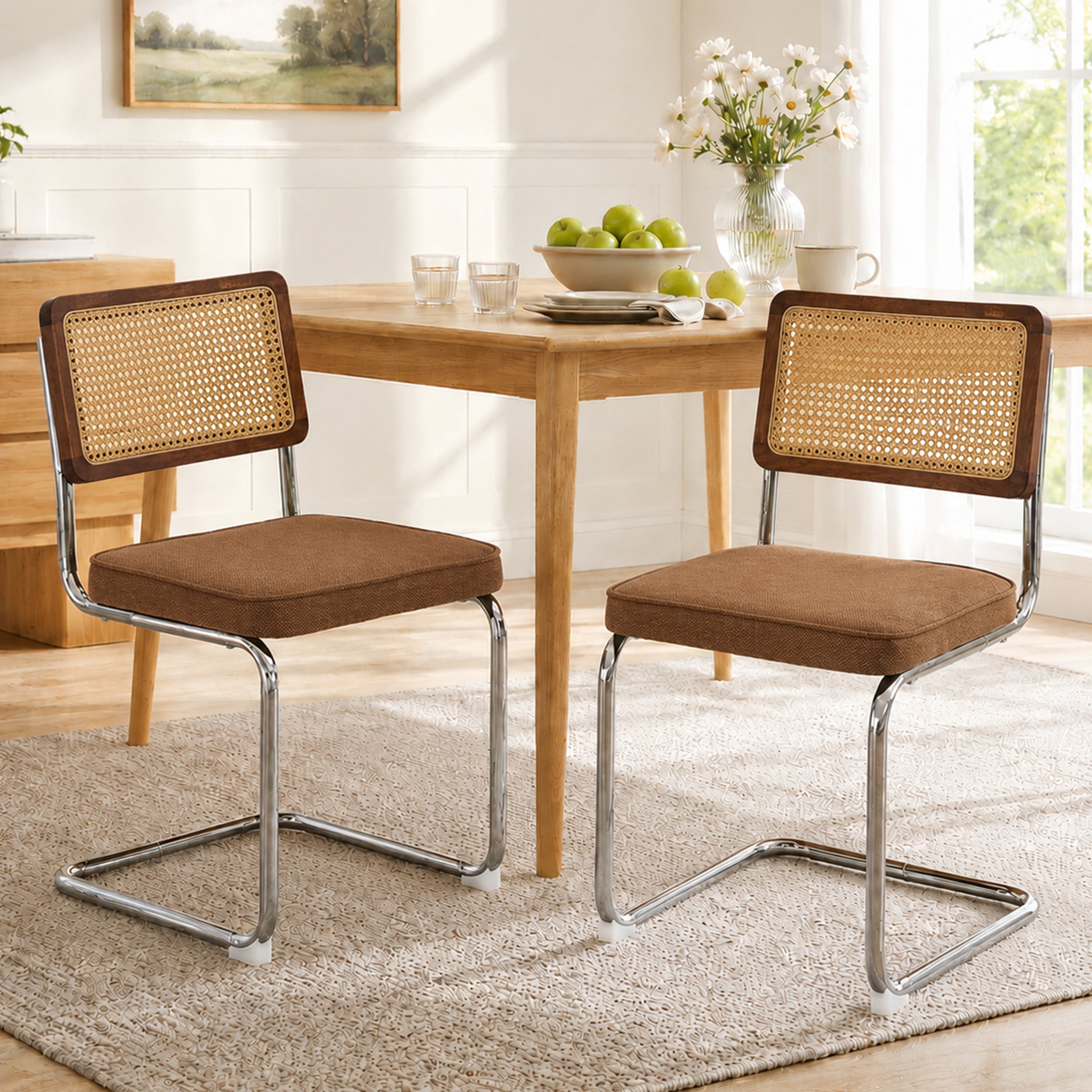 Dining Chairs Set of 2, Paproos Velvet Upholstered Dining Chairs, Mid Century Accent Chair Side Chair with Cane Back and Stainless Steel Chrome Legs, Dining Kitchen Living Room