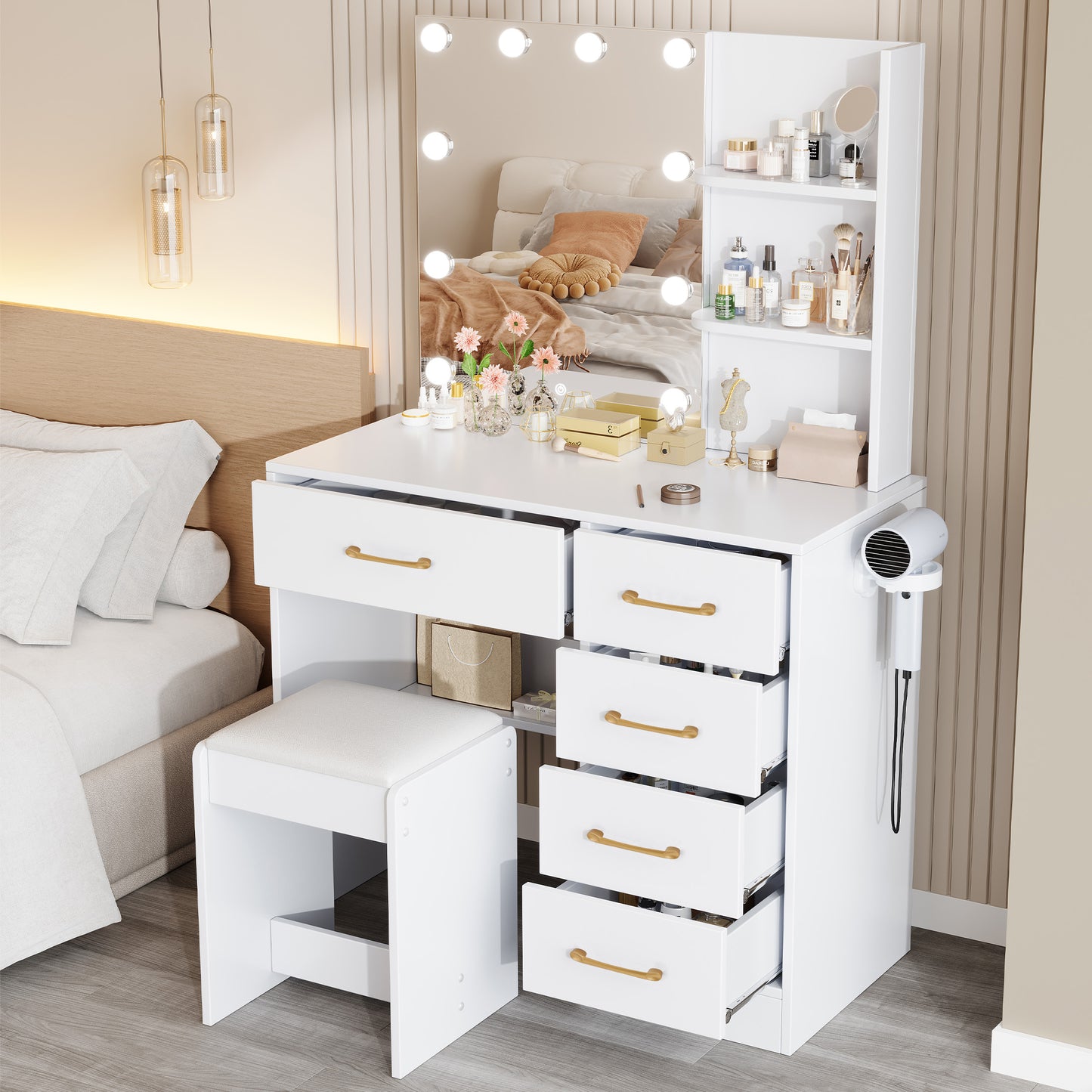 Black Vanity Set with Mirror and Light for Women, PAPROOS Small Vanity Desk with 5 Drawers, Modern Wood Makeup Table with Hair Dryer Rack and Stool