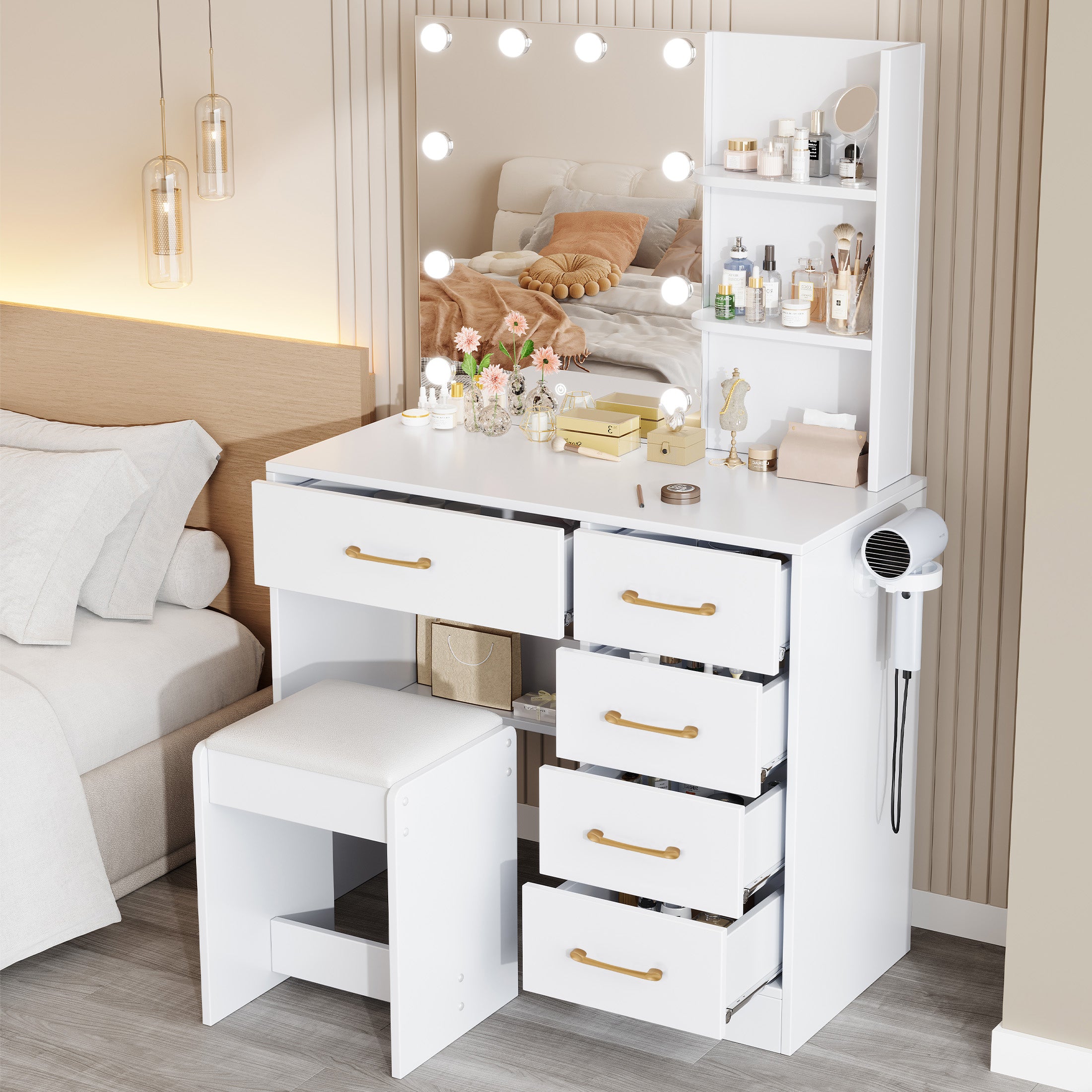 Black Vanity Set with Mirror and Light for Women, PAPROOS Small Vanity Desk with 5 Drawers, Modern Wood Makeup Table with Hair Dryer Rack and Stool
