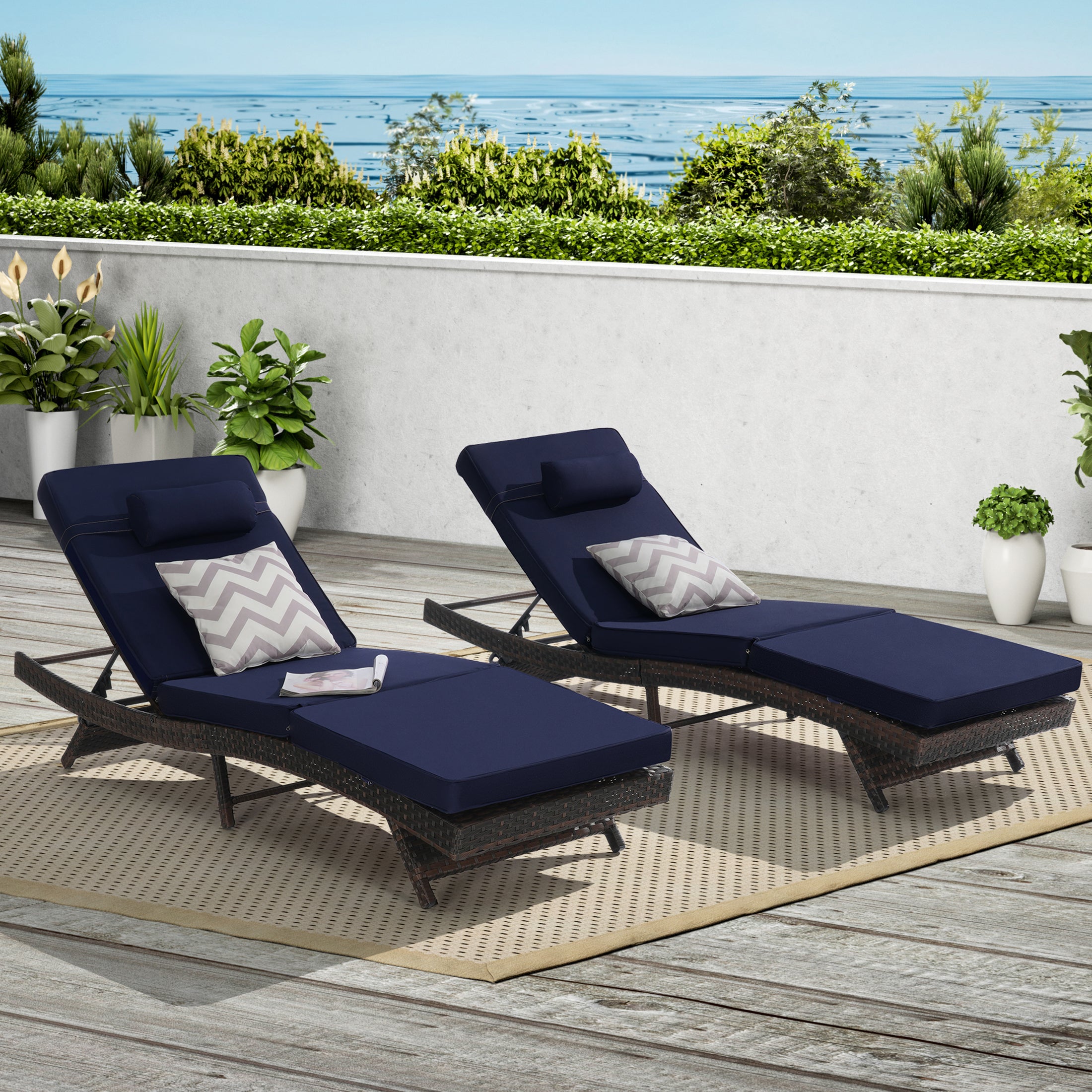 Outdoor Chaise Lounge Chair Set of 2, Wicker Outdoor Lounger Recliner with Cushions and 5-Level Adjustment Backrest, Modern Patio Lounge Chair for Poolside, Garden,