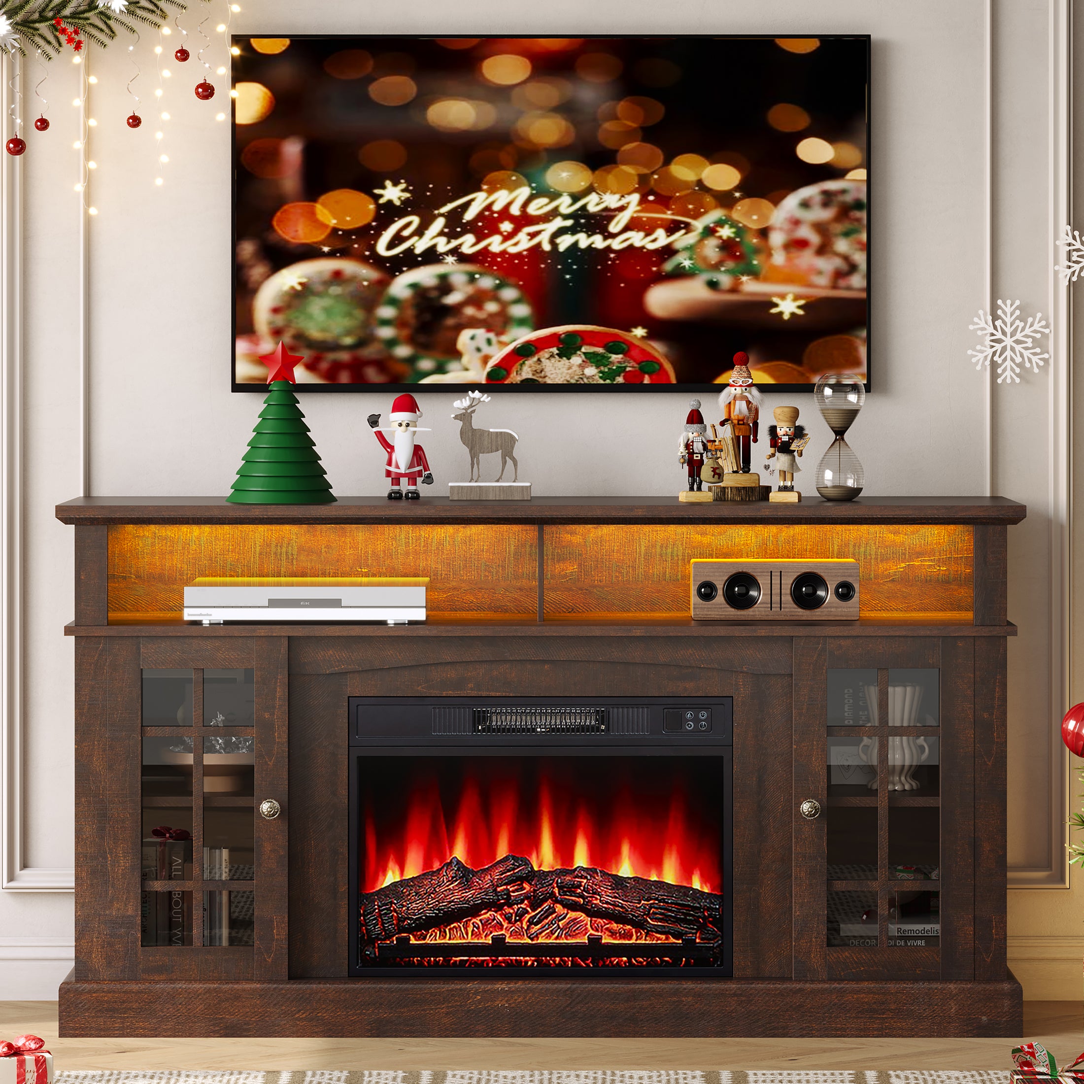 Fireplace TV Stand for 65 Inch TV, 1400w Farmhouse Electric TV Stand with Fireplace, Fireplace Entertainment Center with Remote Control for Living Room, Brown