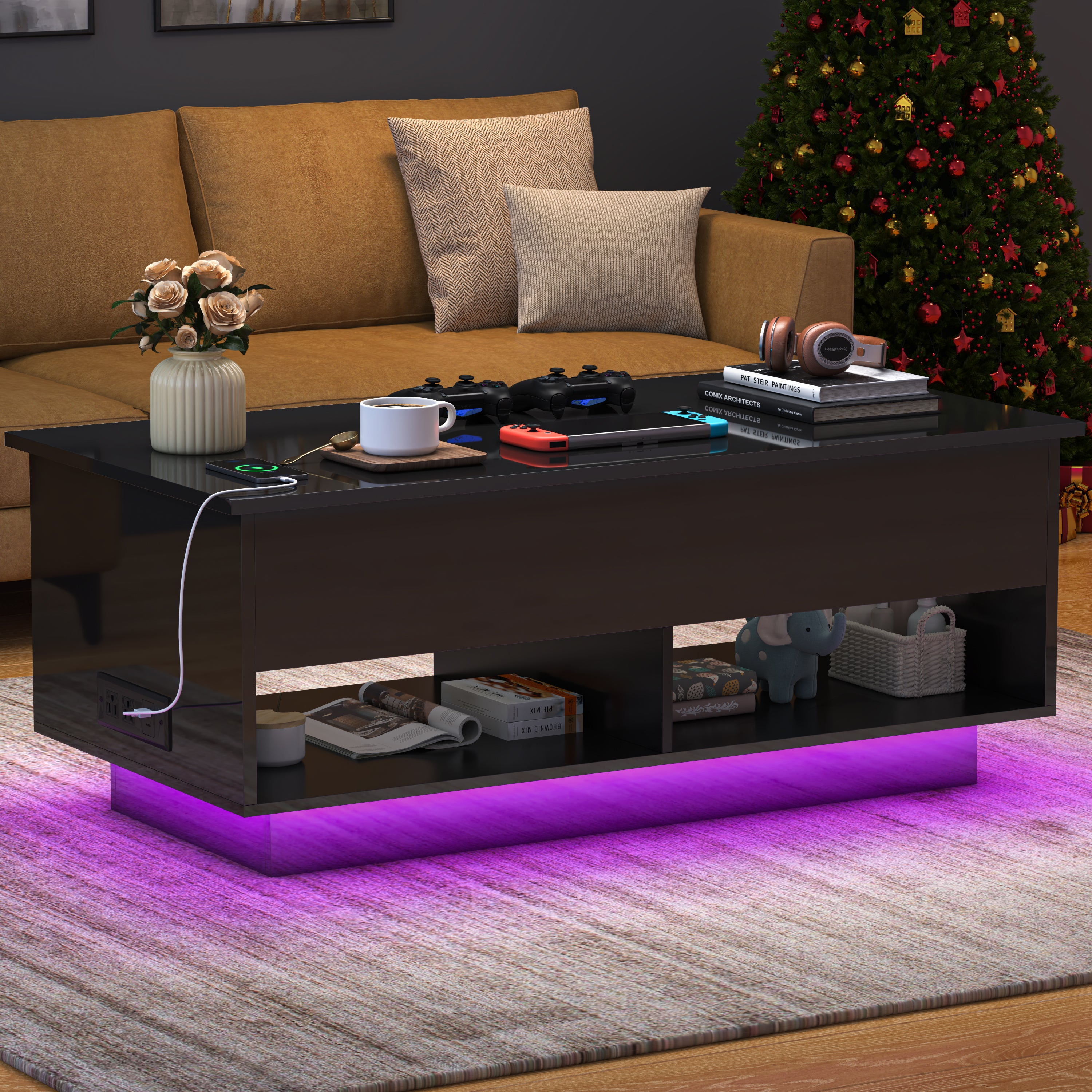 PAPROOS Lift Top Coffee Table for Living Room, Modern Coffee Table with APP Control LED Light and Charging Station, High Gloss Coffee Table with Hidden Storage and Storage Shelves, Black