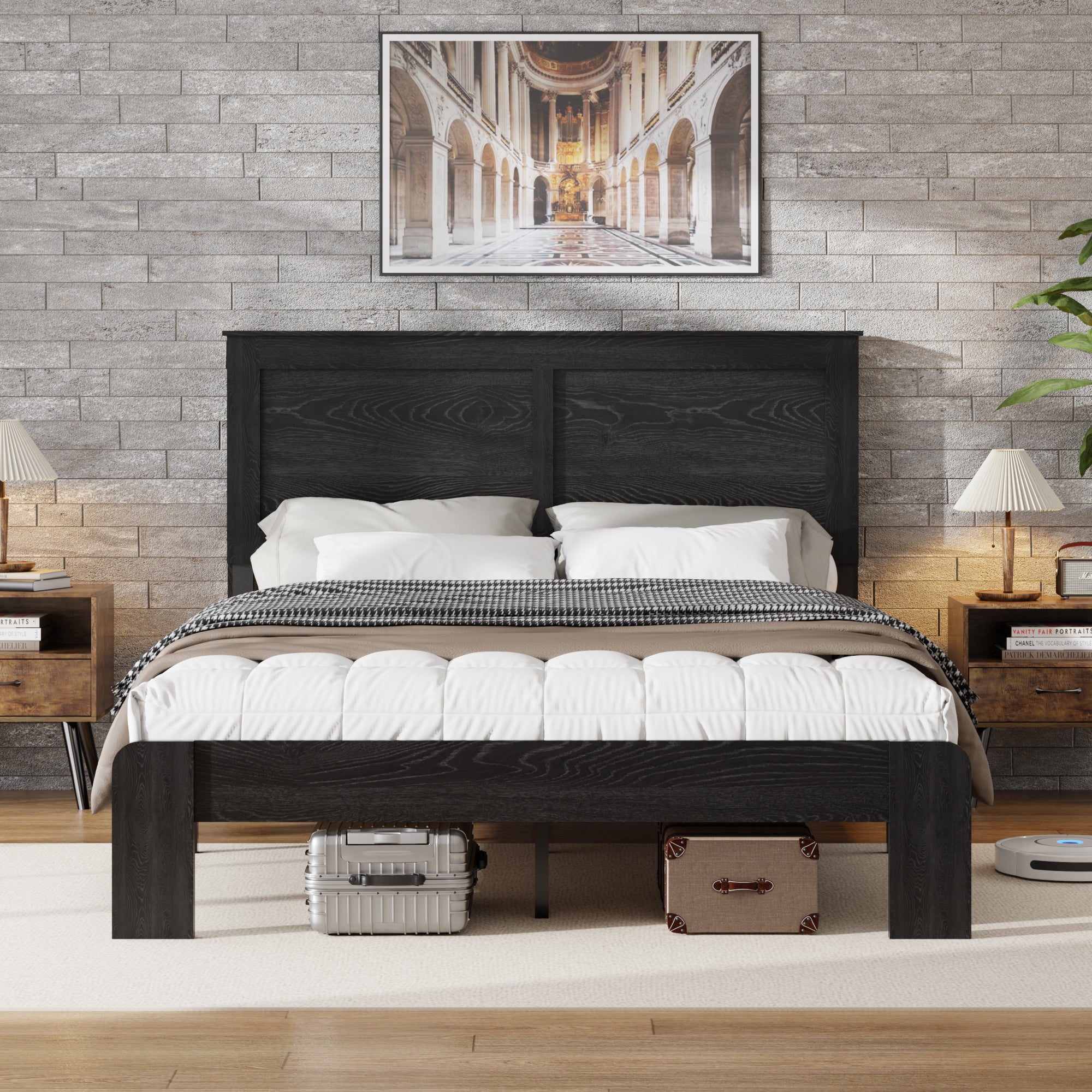 PAPROOS Queen Size Bed Frame, Wooden Queen Bed with Headboard, Modern Farmhouse Platform Bed with Underbed Storage, Queen Wooden Bed Frame, No Box Spring Needed, Black（Mattress Not Included)