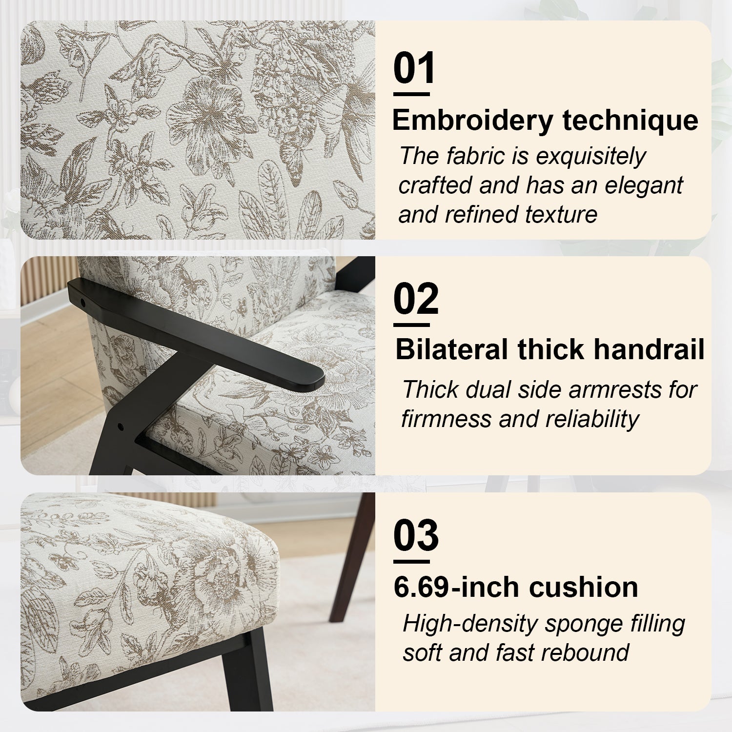 PAPROOS Mid-Century Modern Accent Chair, Fabric Upholstered Arm Chair with Wood Frame, Comfy Reading Lounge Arm Chair for Living Room Bedroom, Floral