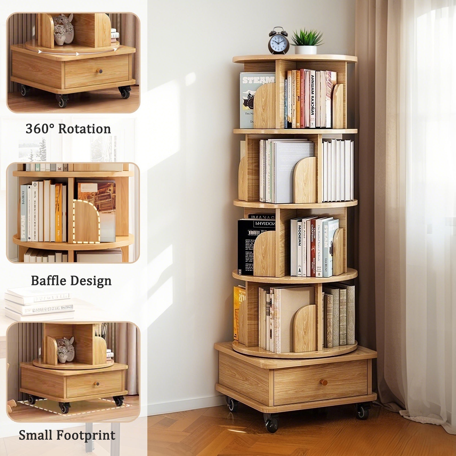 Paproos 5 Tier Rotating Bookshelf, 360° Display Wood Spinning Bookshelf Tower with Wheels and Bottom Drawer, Small Rotating Bookcase, Corner Book Shelf for Home Office, Bedroom, Warm White
