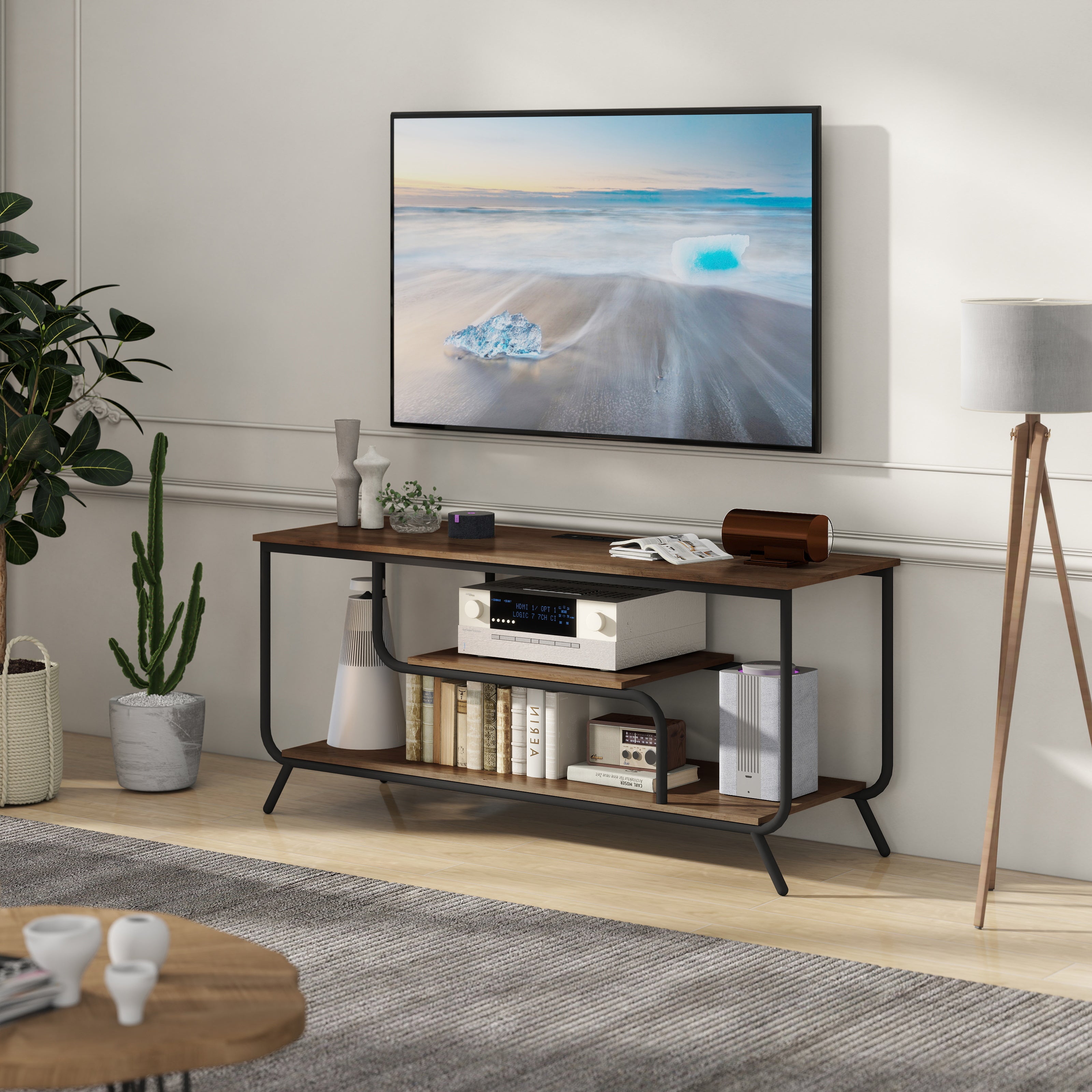 PAPROOS LED TV Stand for 55 Inch TV, Entertainment Center with Power Outlets, TV Cabinet with 2 Open Storage Shelves and Metal Frame, Media Console Table for Living Room, Office