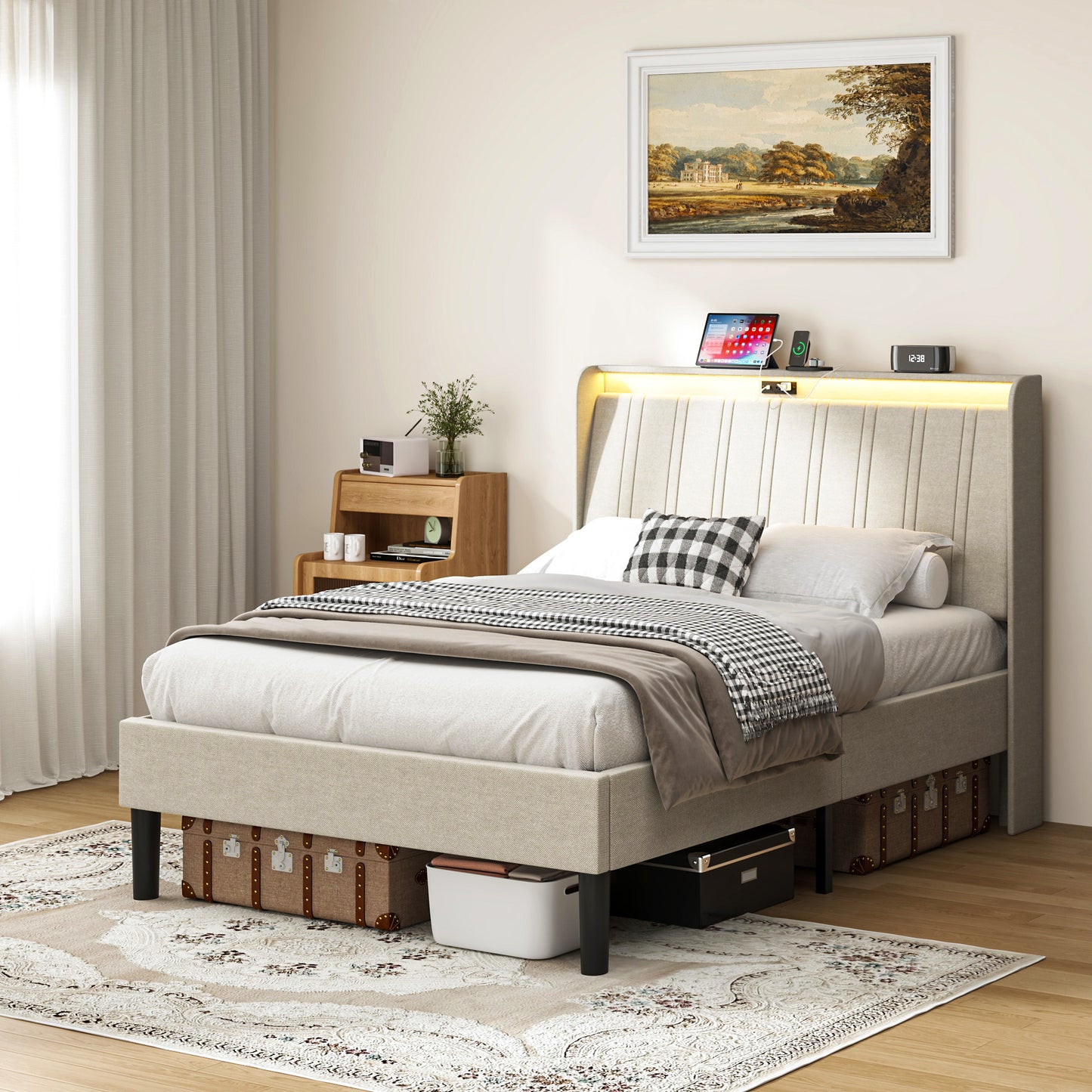 PAPROOS Twin Platform Bed Frame, Upholstered Twin Size Bed Fame with Headboard, Charging Station and LED Lights, Modern Velvet Platform Bed with Wood Slats, No Box Spring Needed, Beige