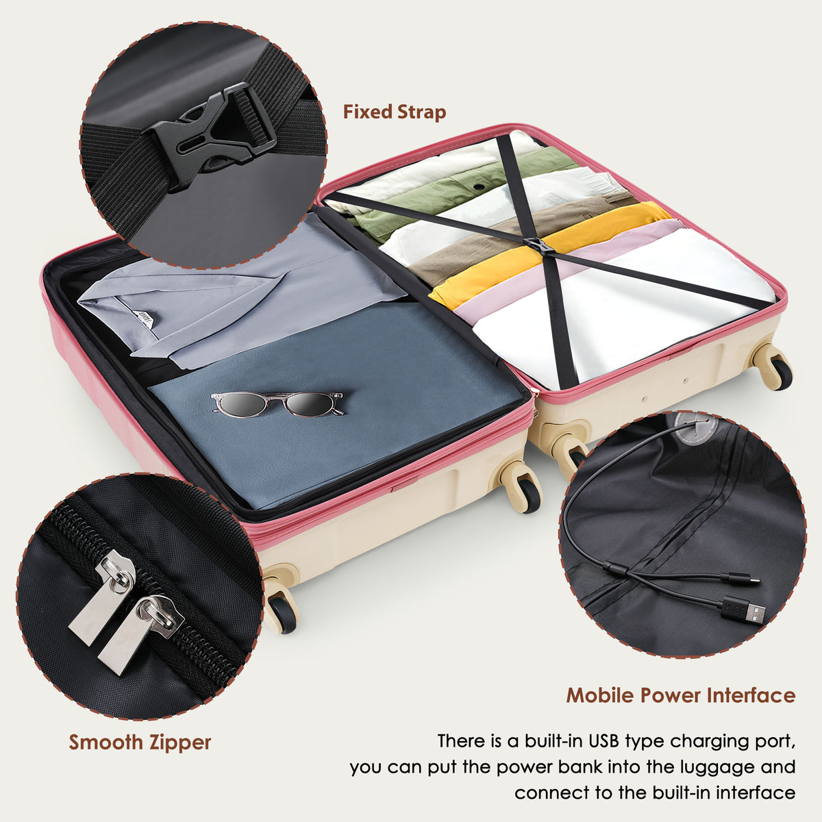 PAPROOS 3-Piece Luggage Set (20''/24''/28''), Hardshell Lightweight Suitcase with USB Port and Side Hooks, Travel Luggage with TSA-Lock, Hardside Rolling Luggage for School, Travel