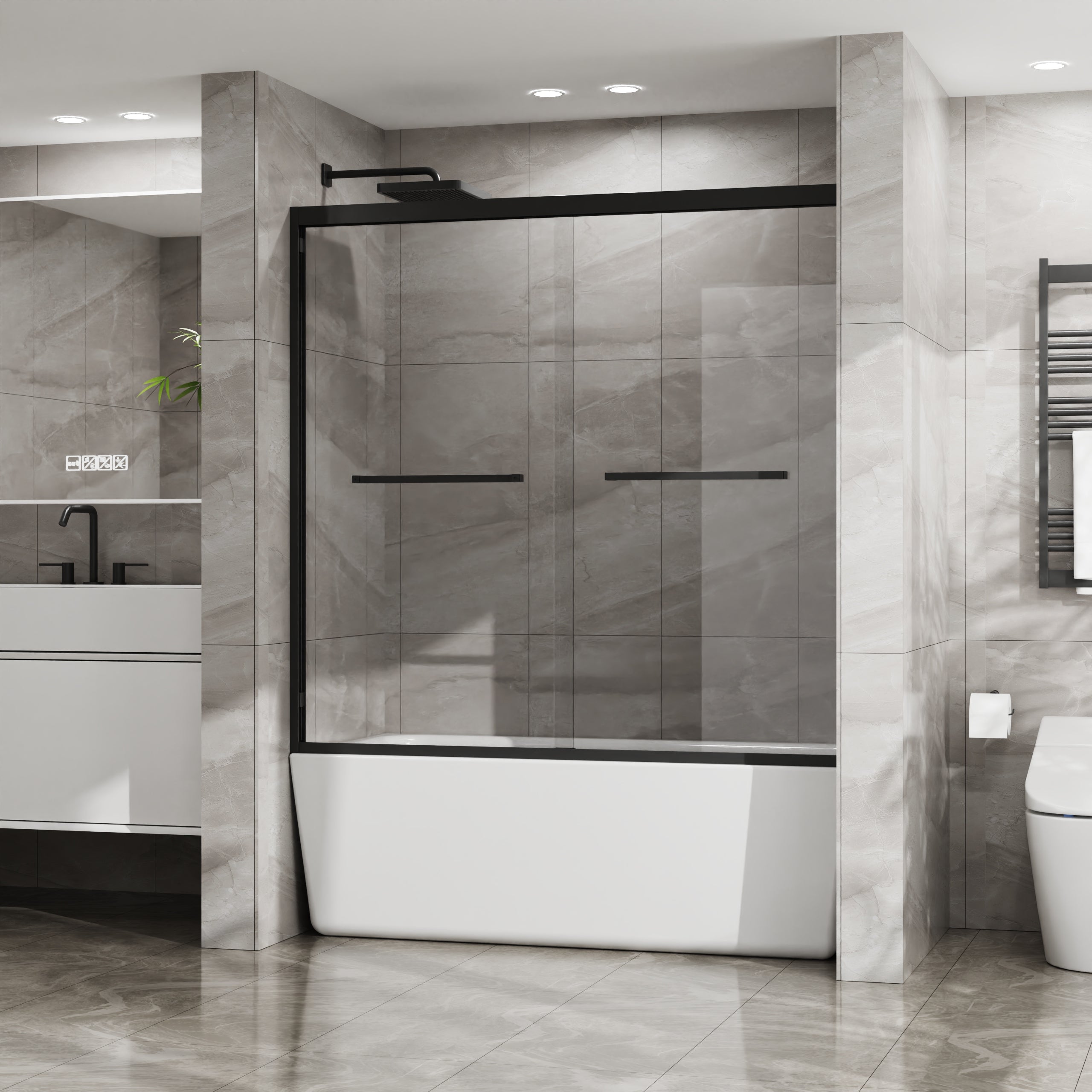 PAPROOS 56” - 60” W X 58” H Sliding Shower Door, 1/4" (6mm) Clear Tempered Glass Double Bathtub Door, Aluminum Frame, Modern Tub Door with Stainless Steel Handle, SGCC Certified, Matte Black