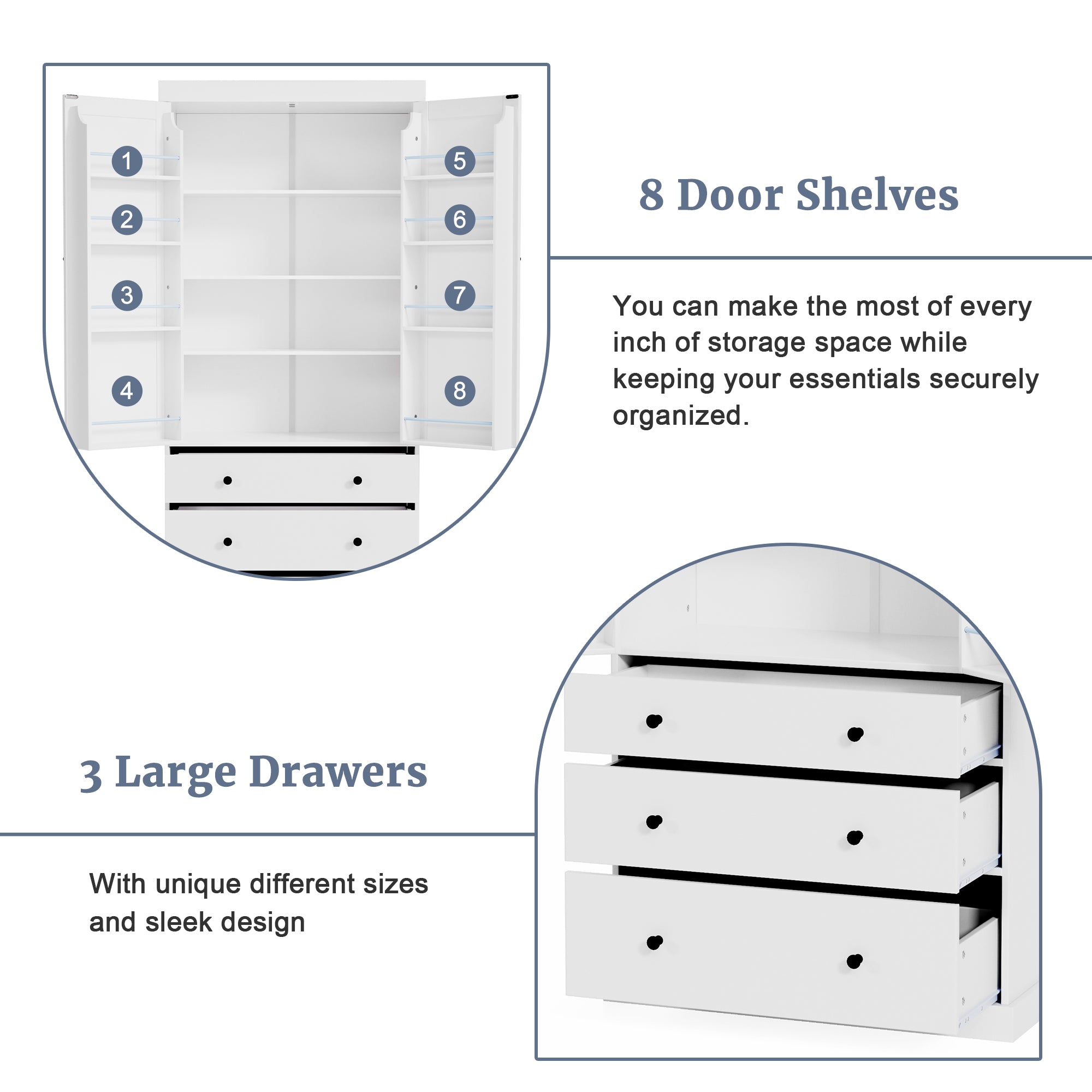 PAPROOS 77" Tall Pantry Cabinet, Wood Kitchen Pantry Storage Cabinet with 3 Drawers, 2 Doors, Farmhouse Cupboard Storage with 3 Adjustable Shelves, 8 Door Shelves for Dining Room, Craft Room, White