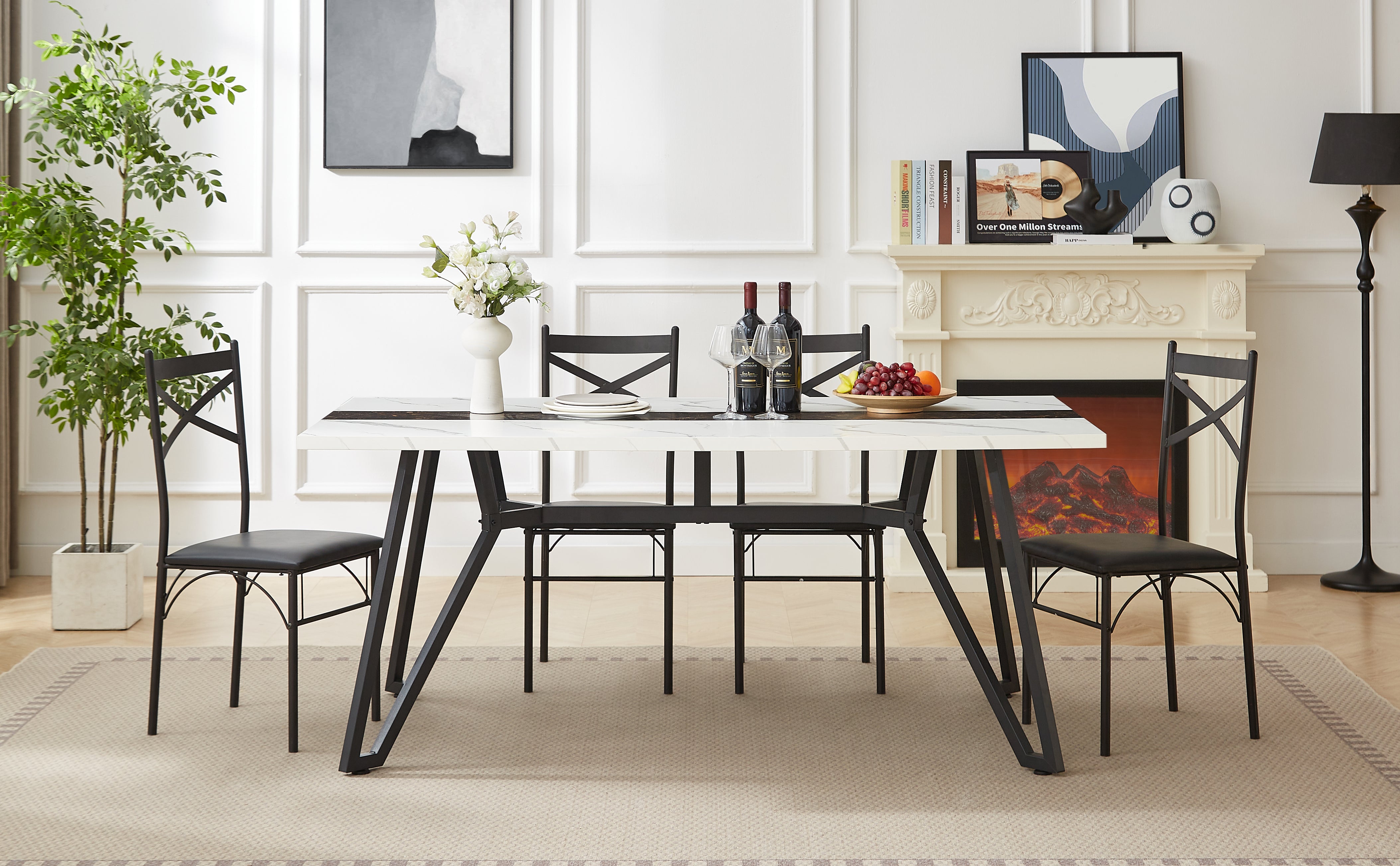 PAPROOS 71" Dining Table for 6-8 People, Rectangle Faux Marble Kitchen Table, Dining Room Table with Adjustable Metal Legs, for Kitchen Dining Room, Gathering, White+Black (Only Table)