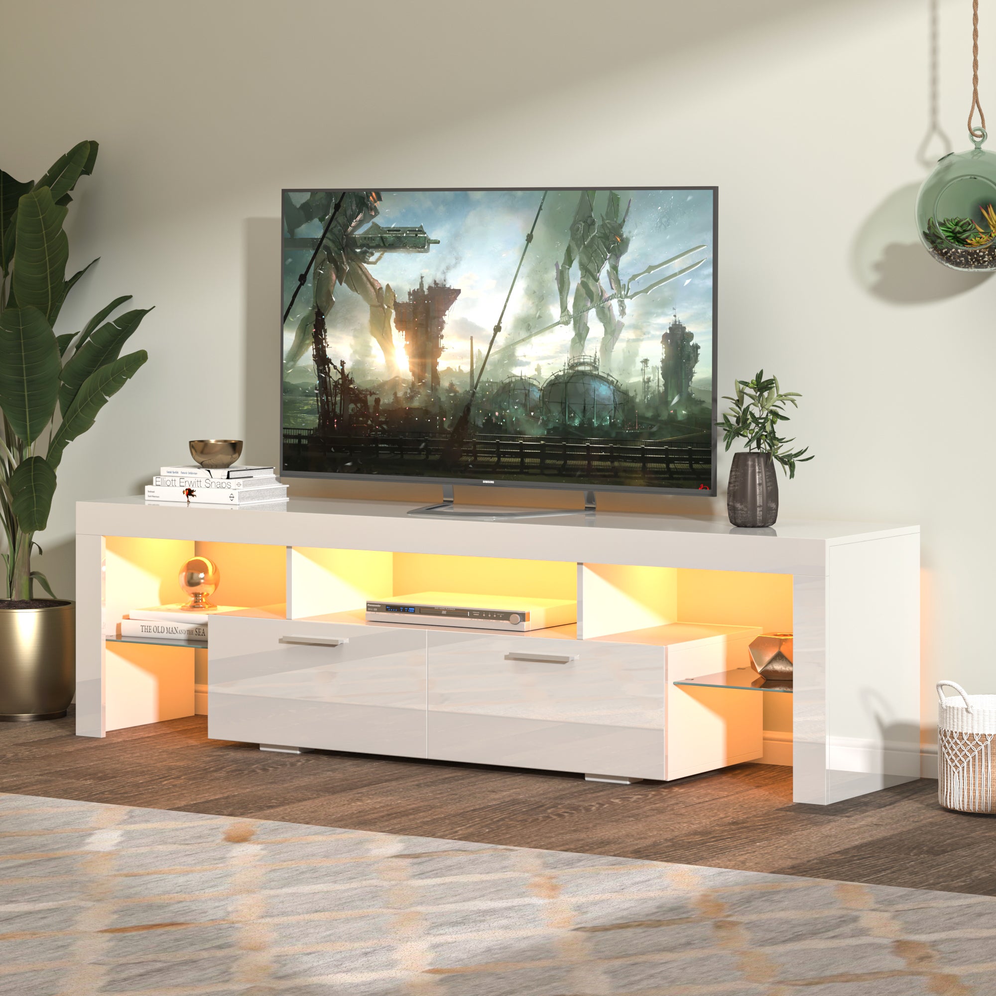 PAPROOS TV Stand with LED Lights, High Gloss TV Cabinet with Storage Drawer and Media Shelves, Modern Entertainment Center TV Console Table for 32-70 Inch TVs
