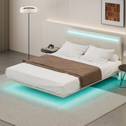 PAPROOS Full Floating Bed Frame, Upholstered Velvet Platform Bed Frame with Adjustable Headboard, RGB LED Lights, Modern Full Size Bed Frame with Underbed Sensor Lights, No Box Spring Needed, Beige