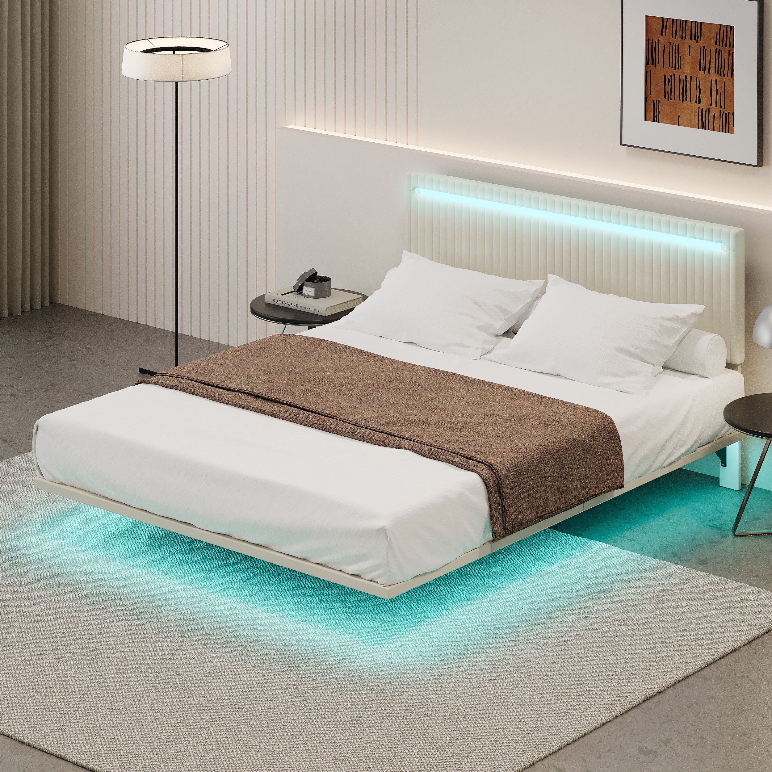 PAPROOS Full Floating Bed Frame, Upholstered Velvet Platform Bed Frame with Adjustable Headboard, RGB LED Lights, Modern Full Size Bed Frame with Underbed Sensor Lights, No Box Spring Needed, Beige