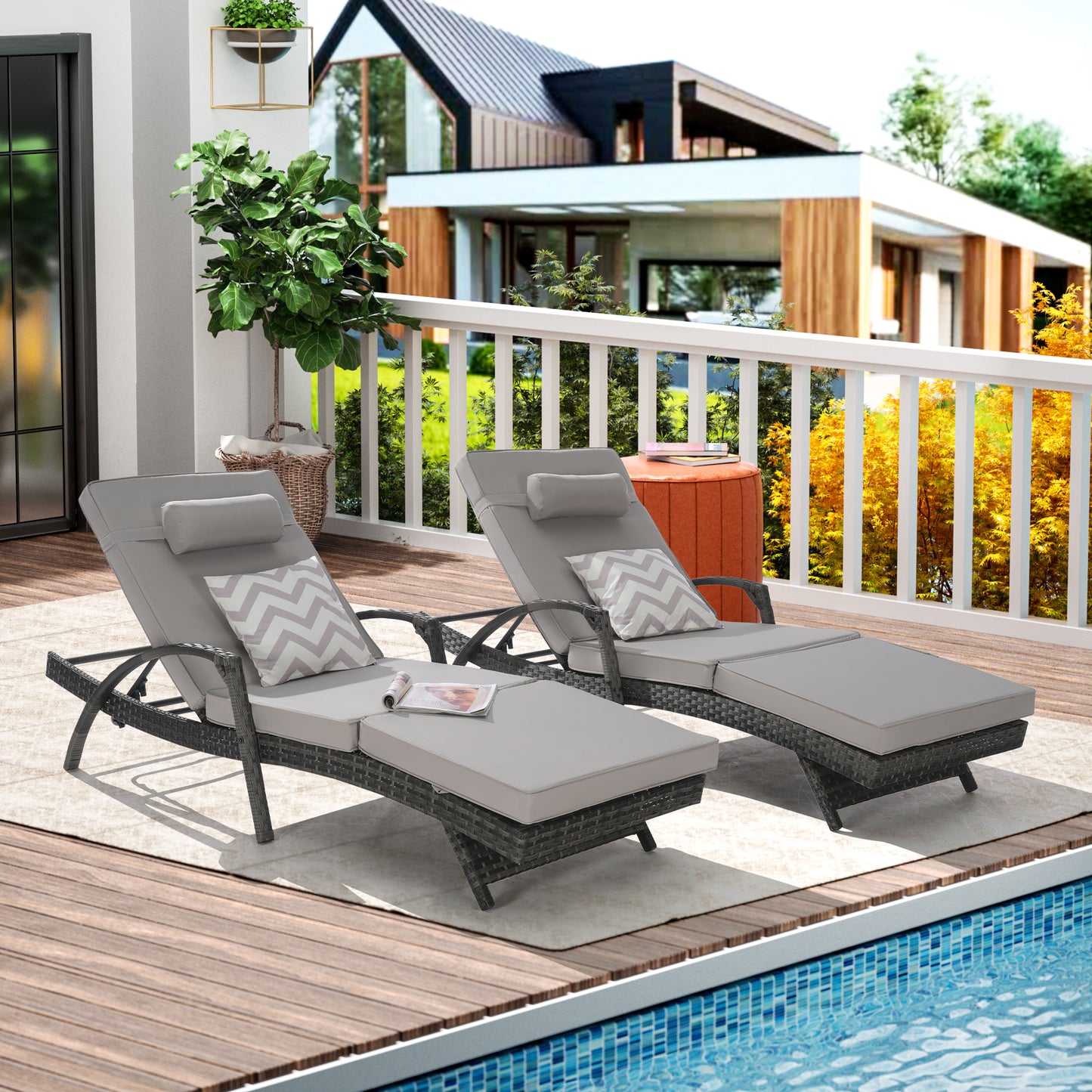 Outdoor Chaise Lounge Chair Set of 2, Rattan Patio Chaise Lounge Chair with Cushion and Arms, Modern 5-Positions Adjustable Outdoor Lounger Recliner for Poolside, Garden, Backyard, Light Gray
