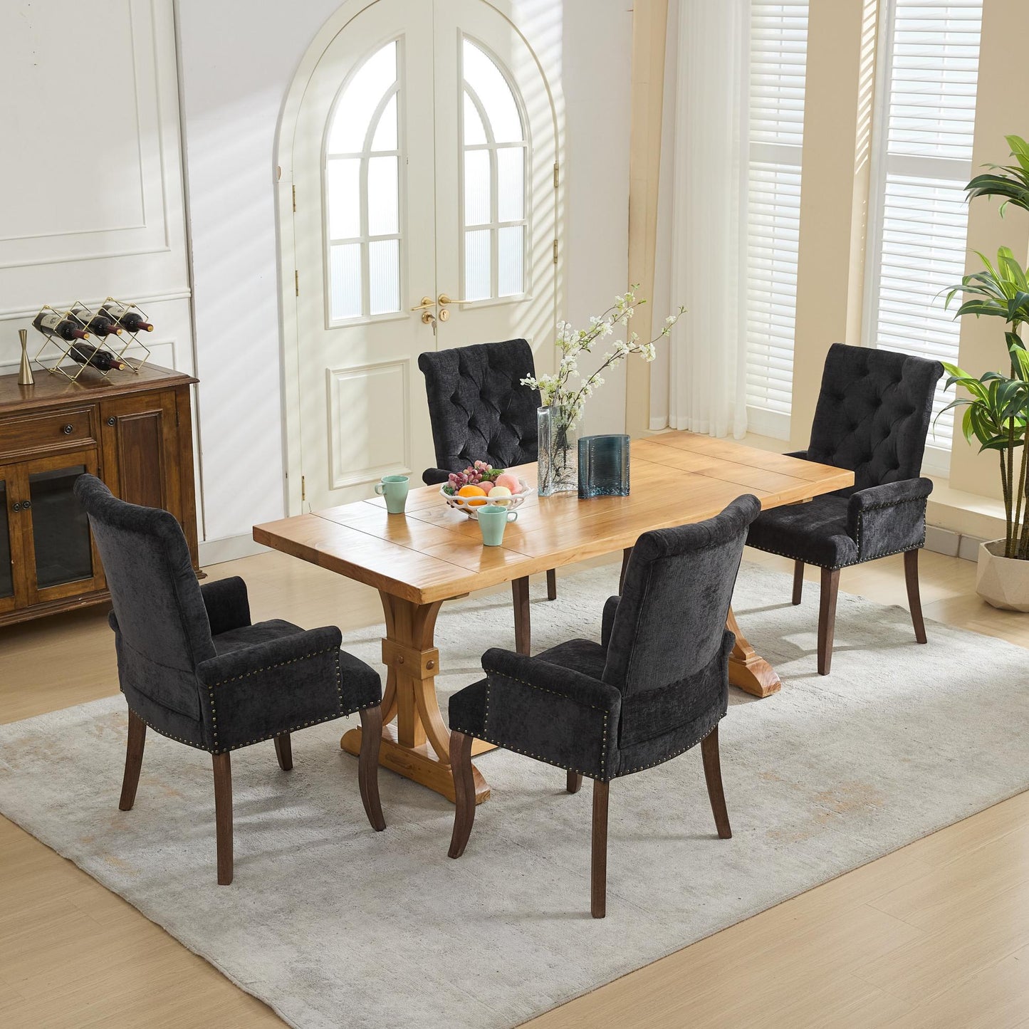 PAPROOS Upholstered Dining Chair, Chenille Fabric Tufted Dining Room Chair with Curved Solid Wood Legs, Modern Accent Dining Chair with Arm, Armchair for Kitchen, Living Room, Black