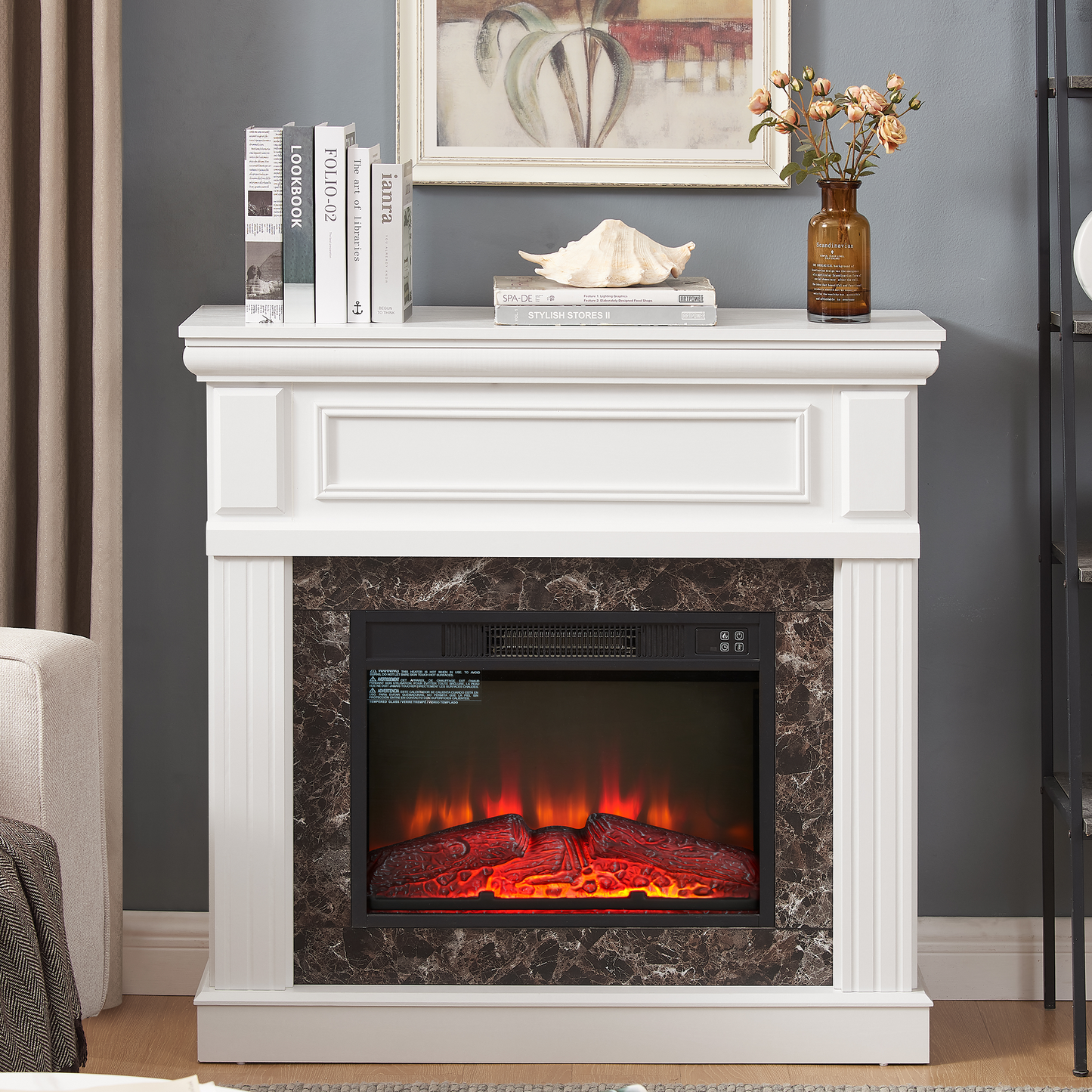 PAPROOS 41” Electric Fireplace with Mantel, Freestanding Electric Fireplace Heater with Remote Control, Adjustable Flame, Timer, Wooden Surround with Fireplace Insert for Living Room, 1400W, White