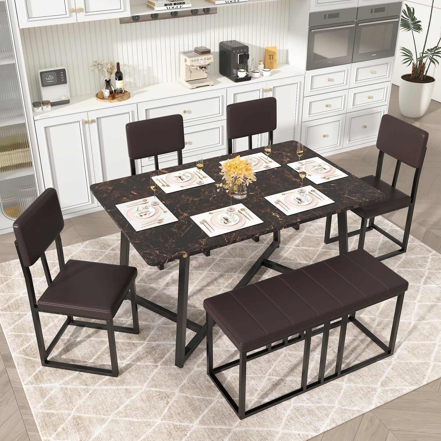 6 Piece Dining Room Table Set, Dining Table Sets for 6 with Chairs and Bench, Large Dinning Table and Chairs 4to6Set, Modern Kitchen Table Sets with Chairs for 6, Gray Table and Gray Chairs Set