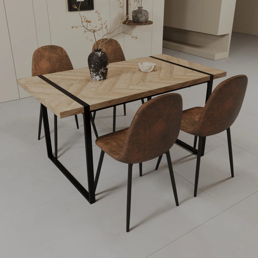 PAPROOS Modern Dining Table Set for 4, Wood Rectangular Kitchen Table and Suede Chairs, Mid-Century Dining Room Table with Strong Metal Frame, 5-Piece Space-Saving Dining Table Set, Brown