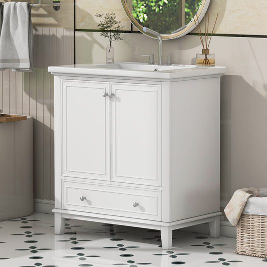 PAPROOS 30" Bathroom Vanity with Sink Combo, Wood White Bathroom Storage Cabinet with Doors and Drawer, Freestanding Bathroom Vanity Cabinet with Solid Frame and Adjustable Shelf
