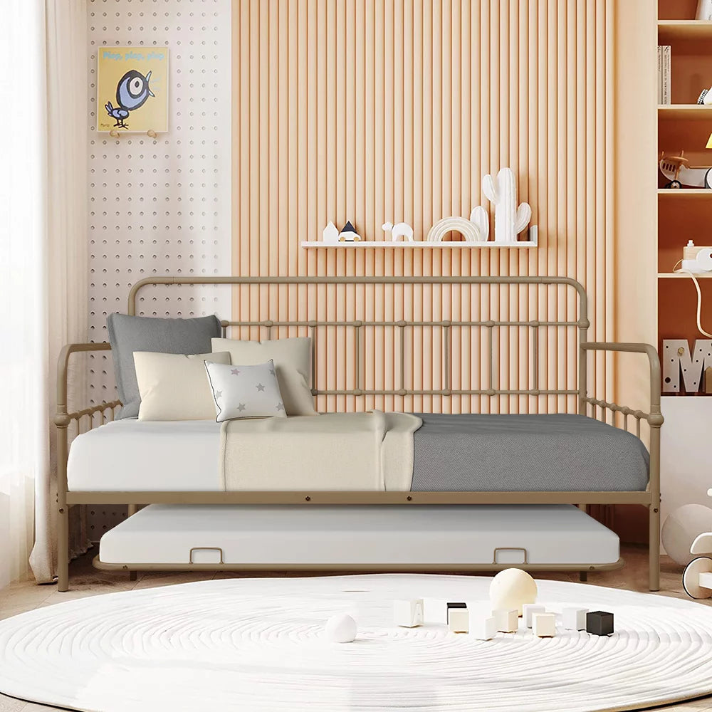 paproos Vintage Metal Daybed with Trundle, Twin Metal Sofa Bed with Trundle, Steel Daybed for Bedroom Guest Room, Black