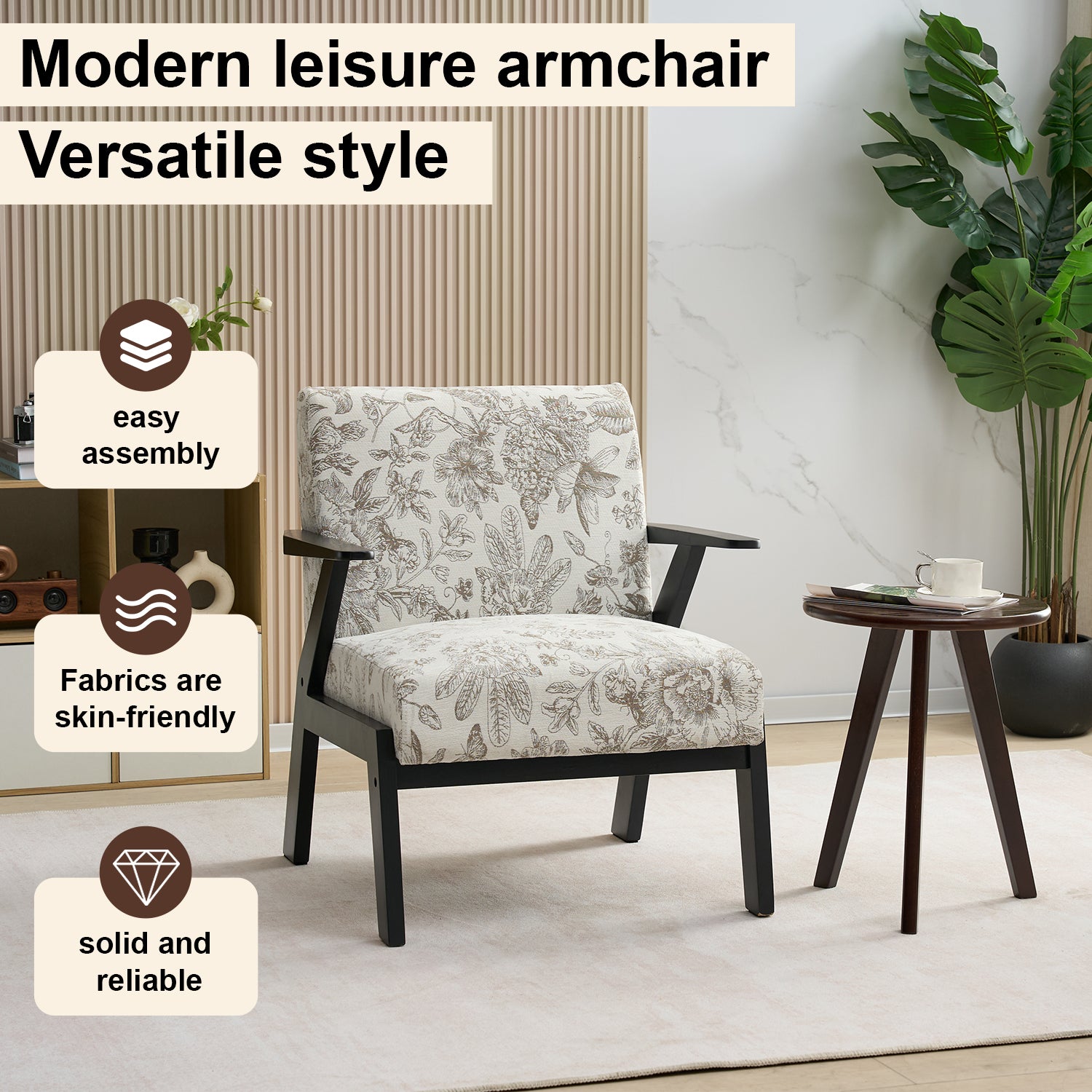 PAPROOS Mid-Century Modern Accent Chair, Fabric Upholstered Arm Chair with Wood Frame, Comfy Reading Lounge Arm Chair for Living Room Bedroom, Floral
