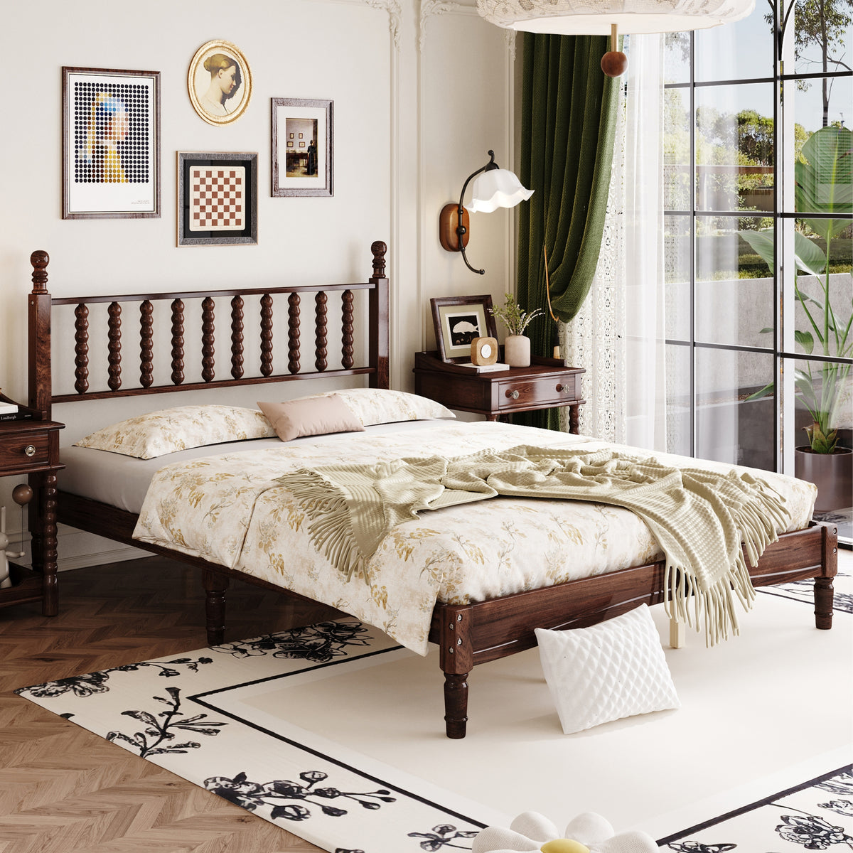 PAPROOS Queen Bed Frame with Spindle Headboard