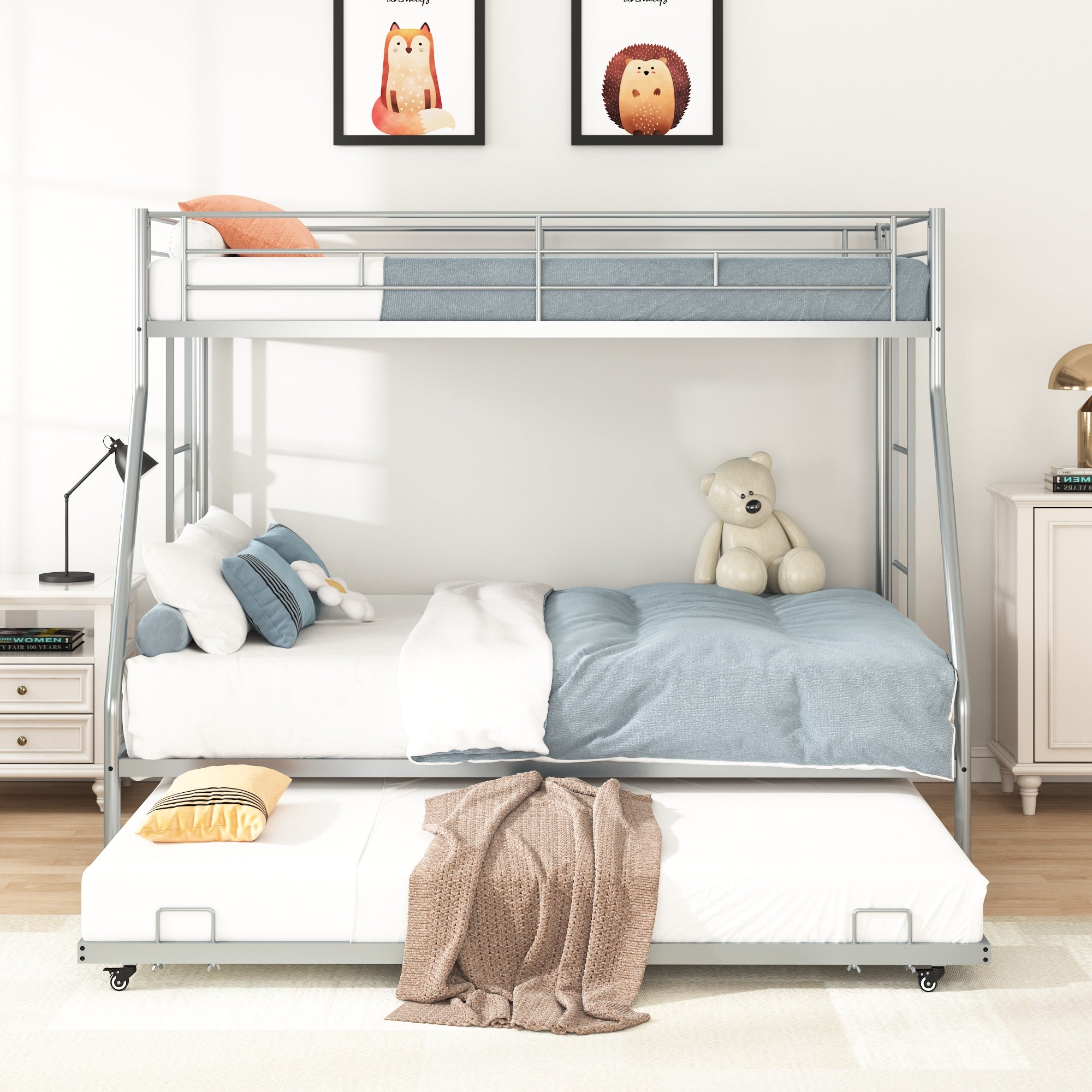 Metal Twin Over Twin Bunk Beds with Trundle Bed, Paproos Metal Bunk Beds for Kids Teens Adults with Side Ladders, Twin Over Twin Size Bunkbed Frame, No Box Spring Needed, CPC Certification, Silver