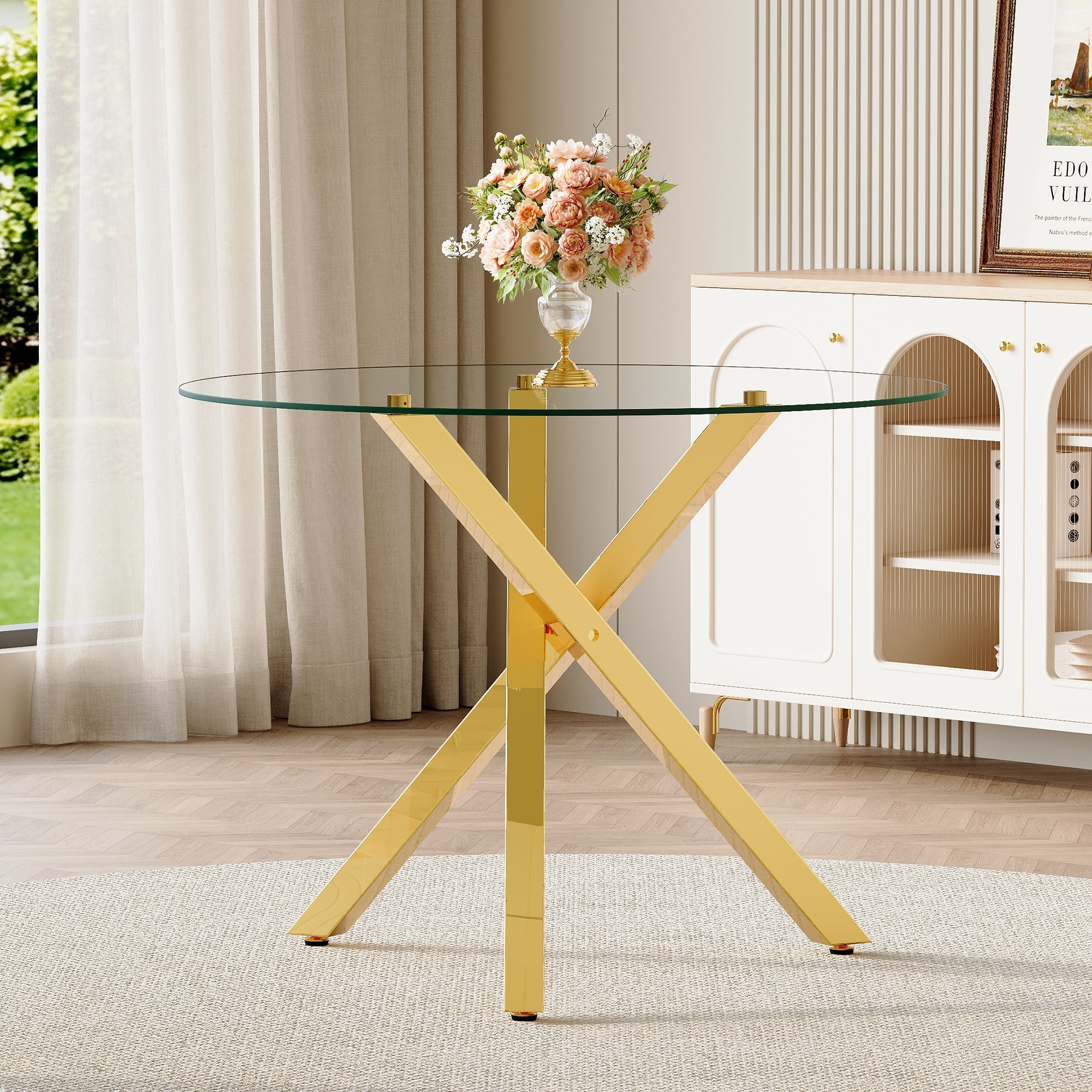 35" Square Dining Table for 4, Tempered Glass Kitchen Table, Paproos Dining Room Table, Dinner Table with Metal Legs for Kitchen, Dining Living Room, Transparent & Gold(Only Table)