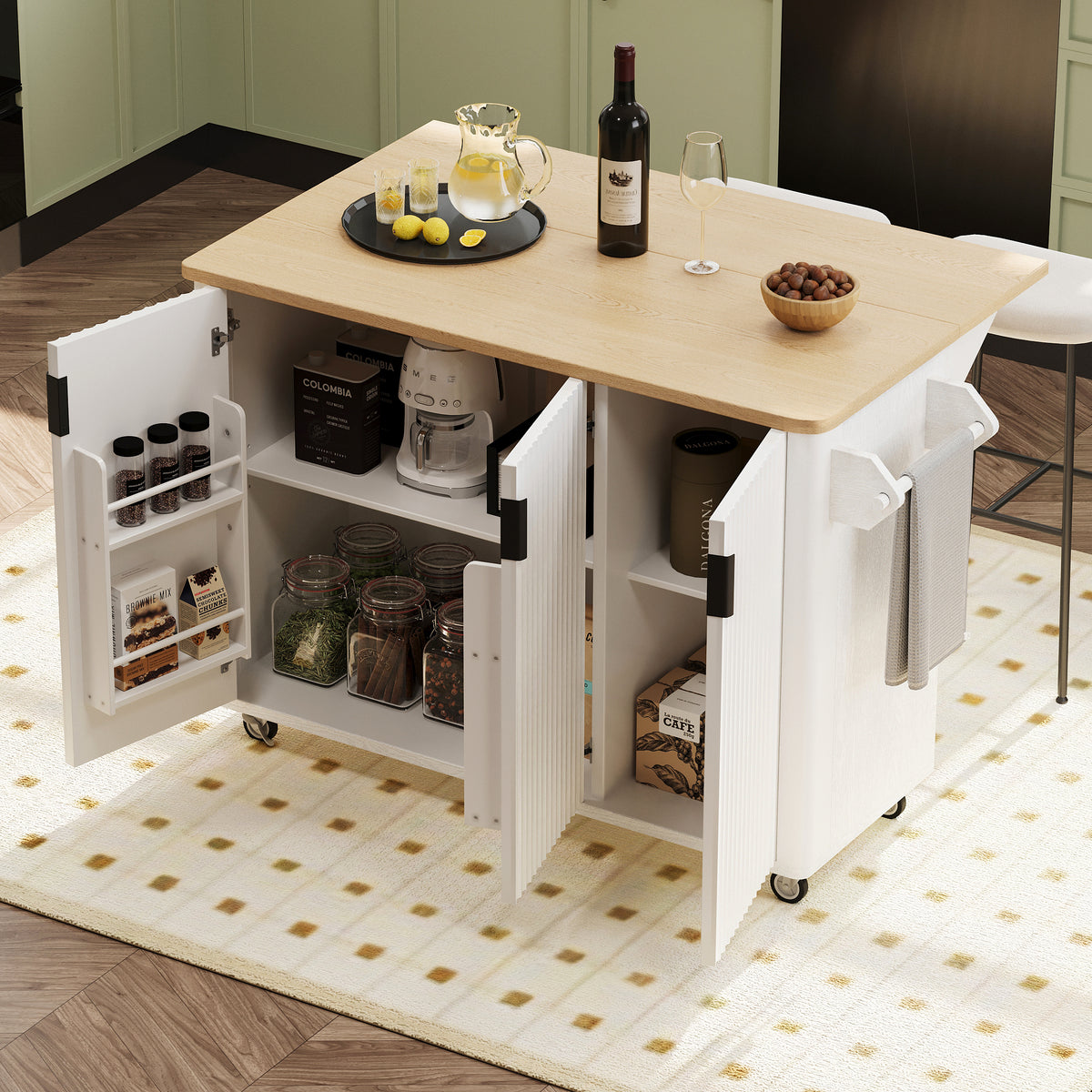 Kitchen Island with Storage, PAPROOS 51" Rolling Kitchen Cart with Drop Leaf & Solid Wood Top, Portable Kitchen Island with Spice Rack & Towel Bar for Kitchen Dining Room