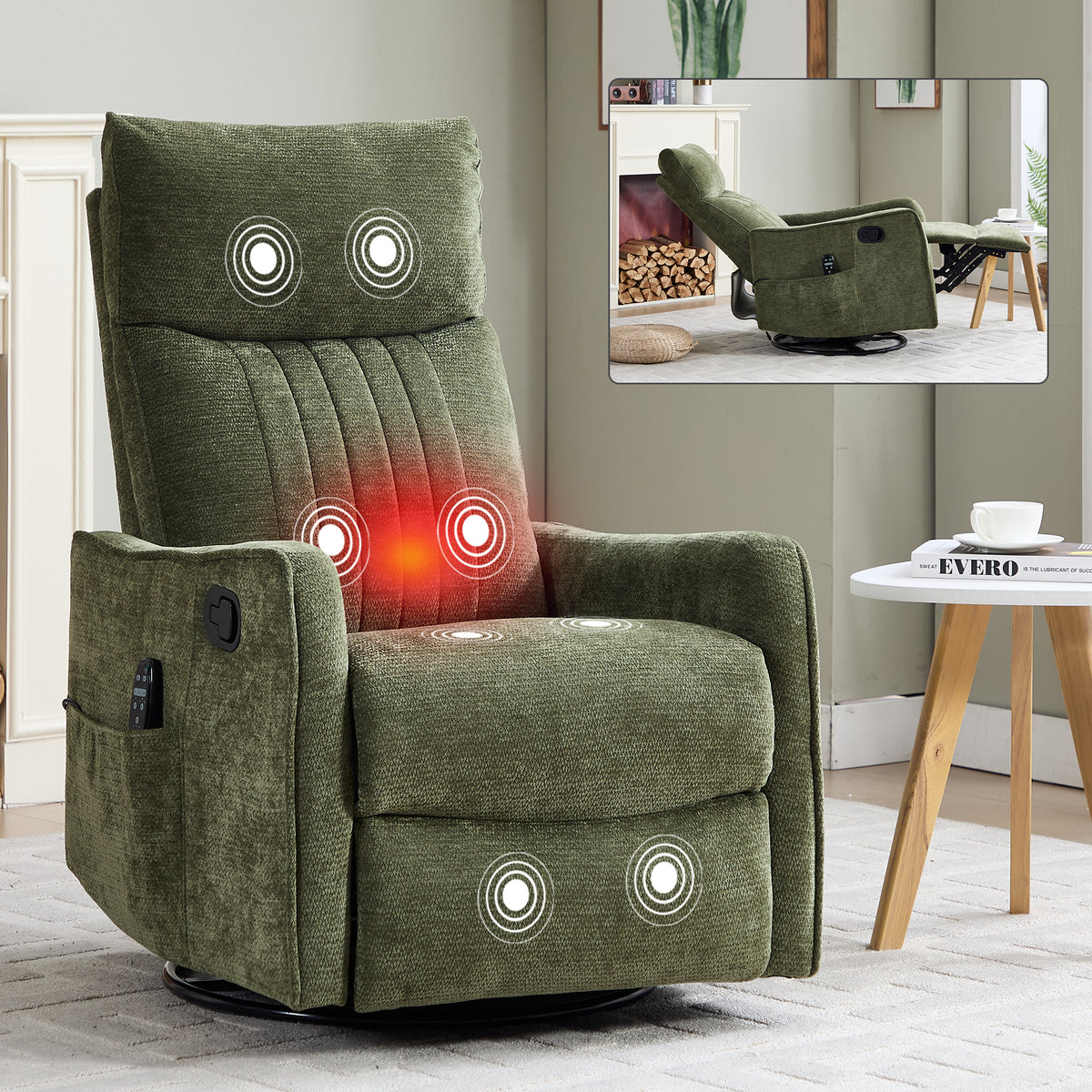 PAPROOS Recliner Chair with Massage and Heat, Fabric 360° Swivel Rocker Recliner, Rocking Chair for Nursery, Manual Recliner for Adults for Home Theater Living Room