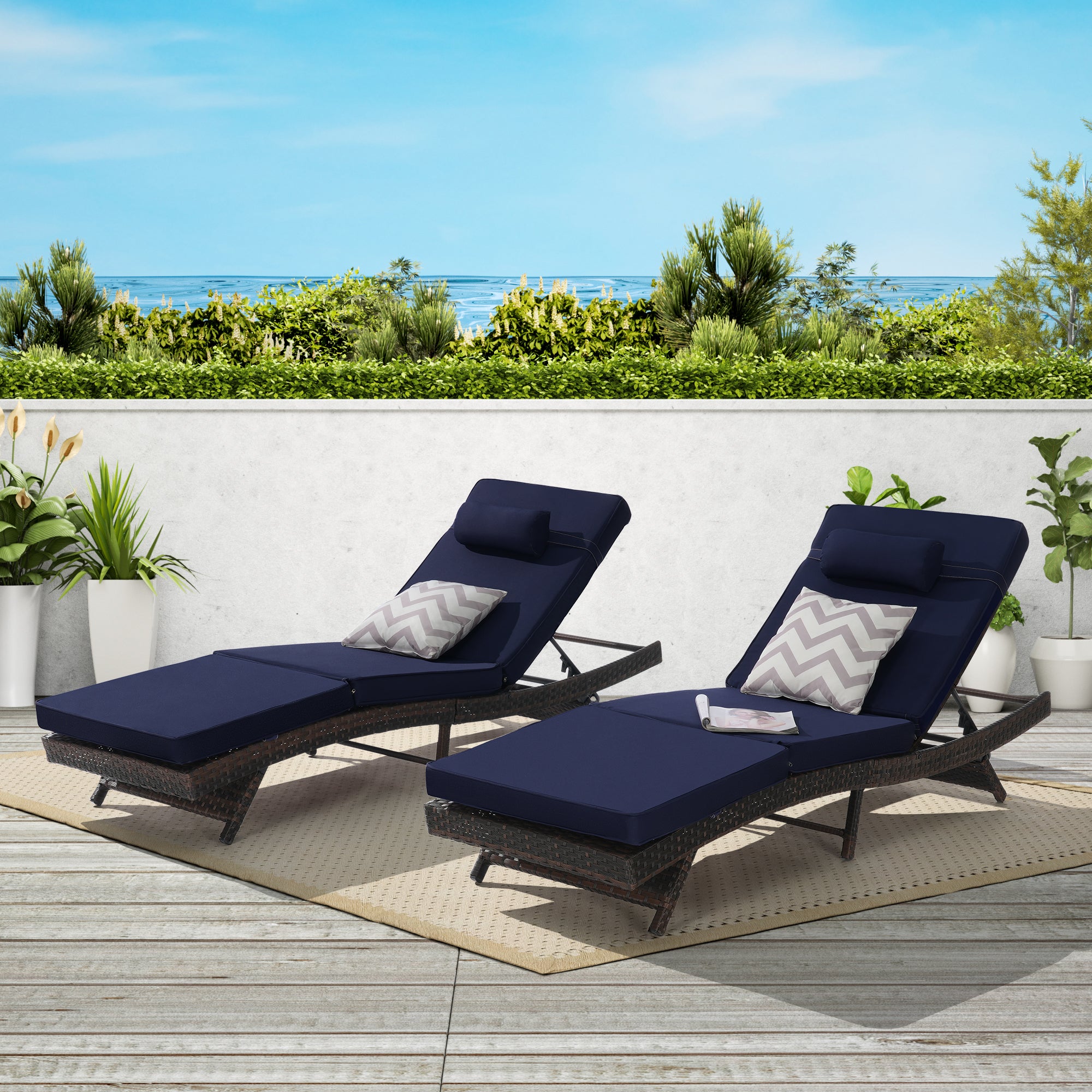 Outdoor Chaise Lounge Chair Set of 2, Wicker Outdoor Lounger Recliner with Cushions and 5-Level Adjustment Backrest, Modern Patio Lounge Chair for Poolside, Garden,