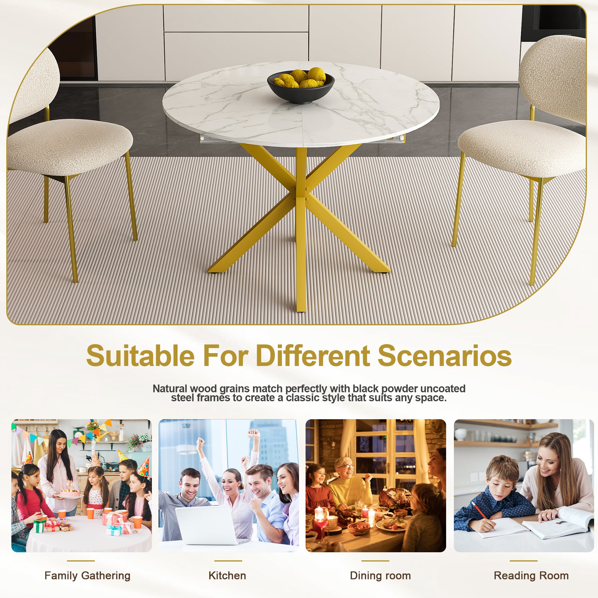 PAPROOS Extendable Dining Table for 4-6, 60'' Expandable Round Dining Room Table with Metal Legs, Faux Marble Kitchen Table for Small Places, Breakfast Nook