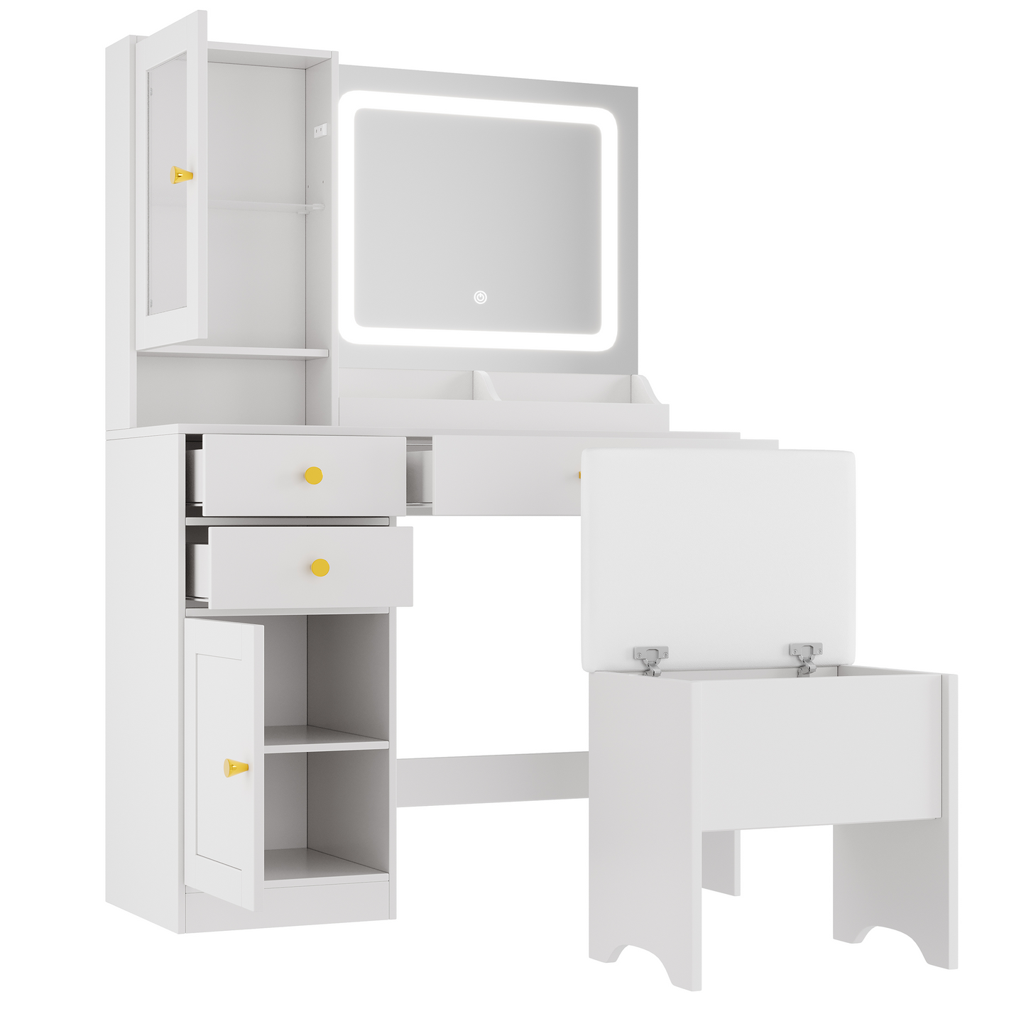 Vanity Desk with Mirror and LED Light, PAPROOS Makeup Vanity with Cabinet and 3 Drawers, Makeup Table with Anti-tipping Function, Upholstered Stool with storage, Shelves with Door, White