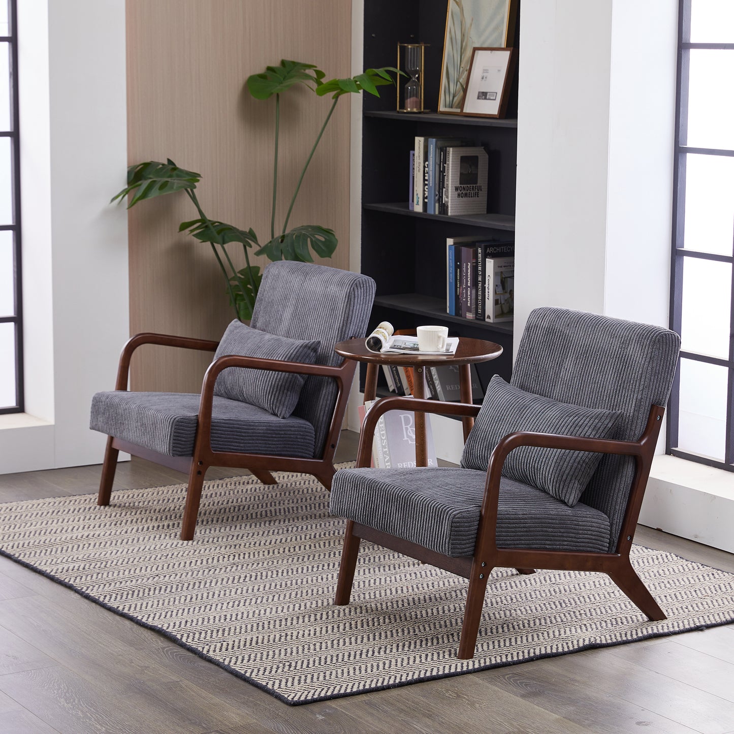PAPROOS Accent Chair Set of 2, Mid-Century Modern Armchair with Solid Wood Frame and Extra-Thick Backrest, Fabric Upholstered Reading Chair for Living Room Bedroom, Beige