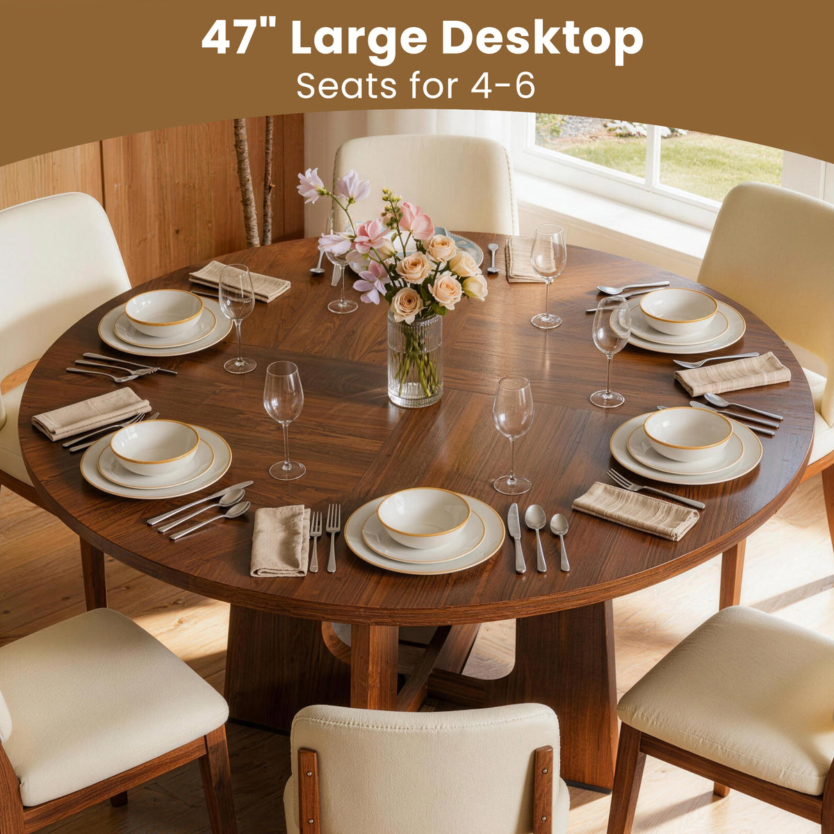 Round Dining Table for 4-6, PAPROOS 47'' Large Wood Kitchen Table, Dining Room Table with Wide Tabletop & Cross Base, Circle Dining Table Dinner Table for Kitchen Dining Room, Brown(Only Table)
