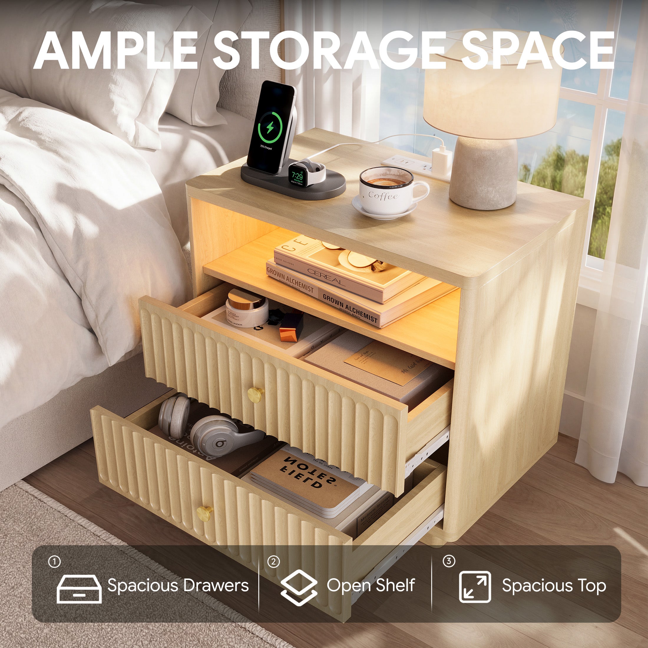 Fluted Nightstand with Charging Station