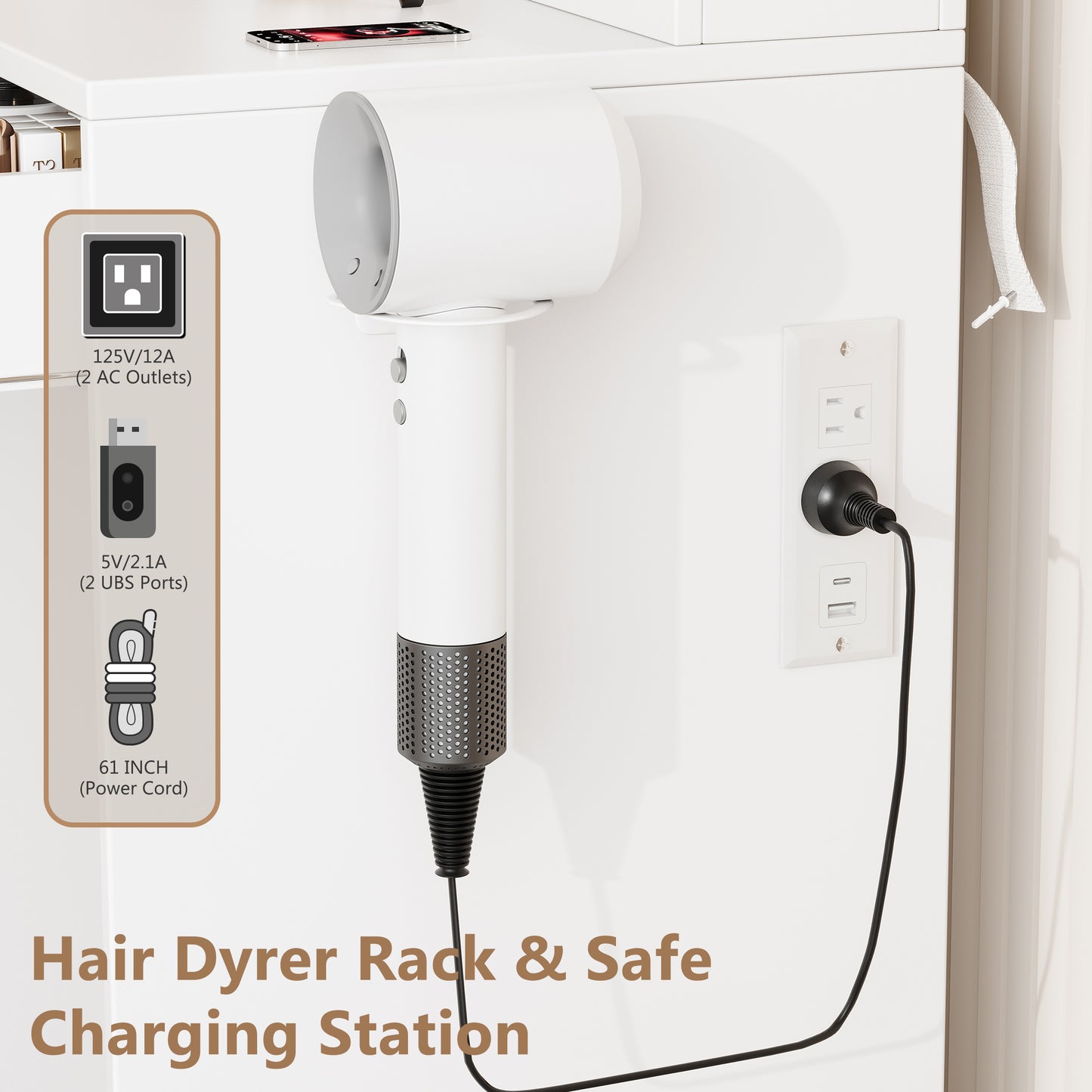 Vanity Desk with Mirror and LED Light, PAPROOS Makeup Vanity with Cabinet and 3 Drawers, Makeup Table with Anti-tipping Function, Upholstered Stool with storage, Shelves with Door, White