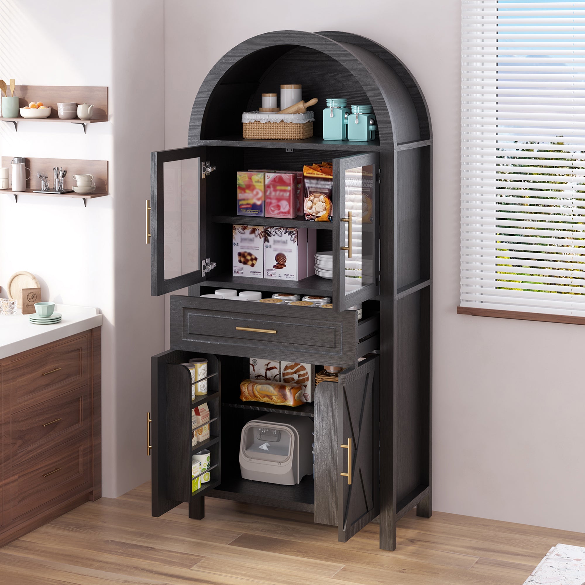 PAPROOS 71" Tall Arched Pantry Storage Cabinet with Glass Door, Farmhouse Pantry Cabinet with Built-in Racks & Adjustable Shelves, Barn Door Design Kitchen Storage for Living Room Dining Room, White