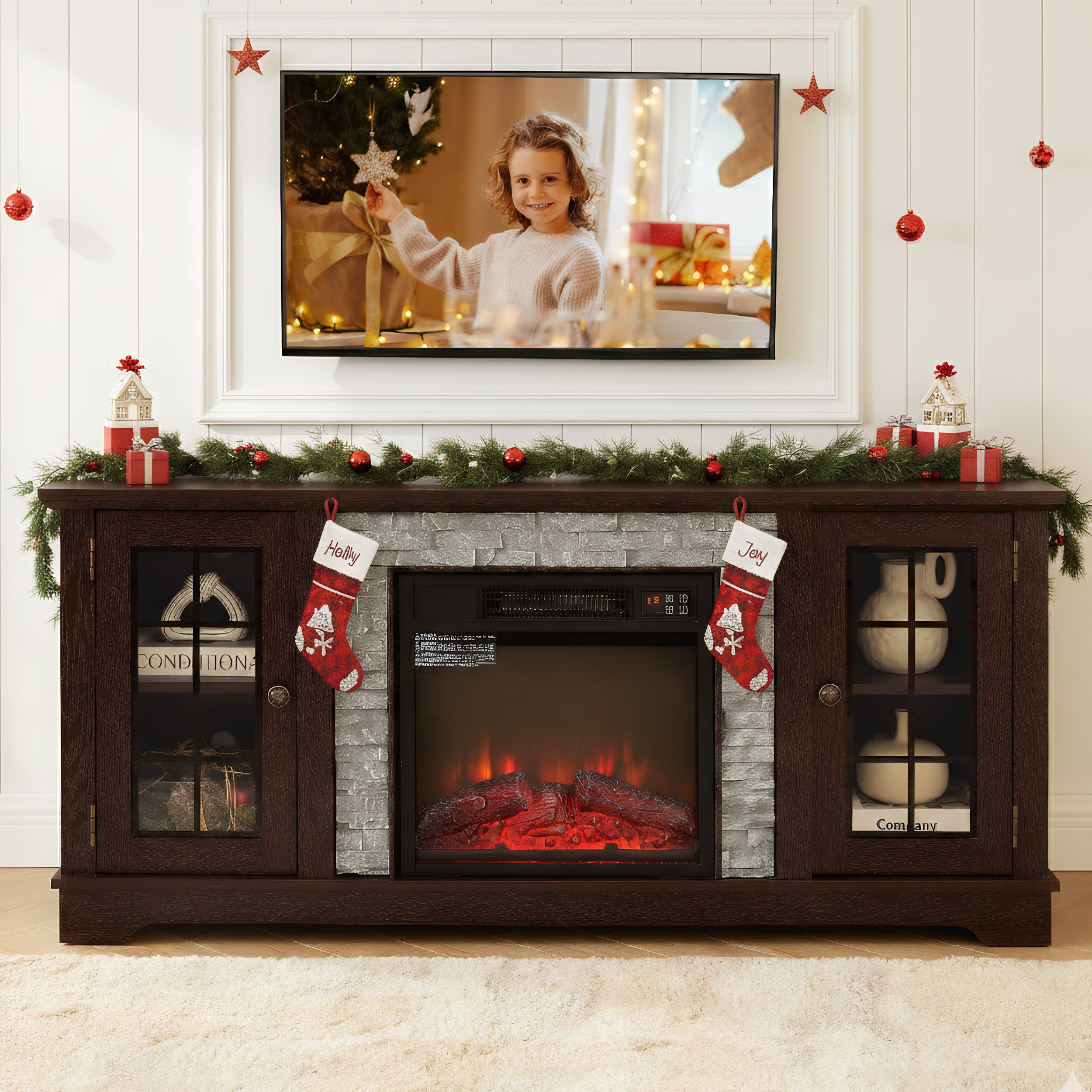 PAPROOS Farmhouse Fireplace TV Stand for TVs up to 65"